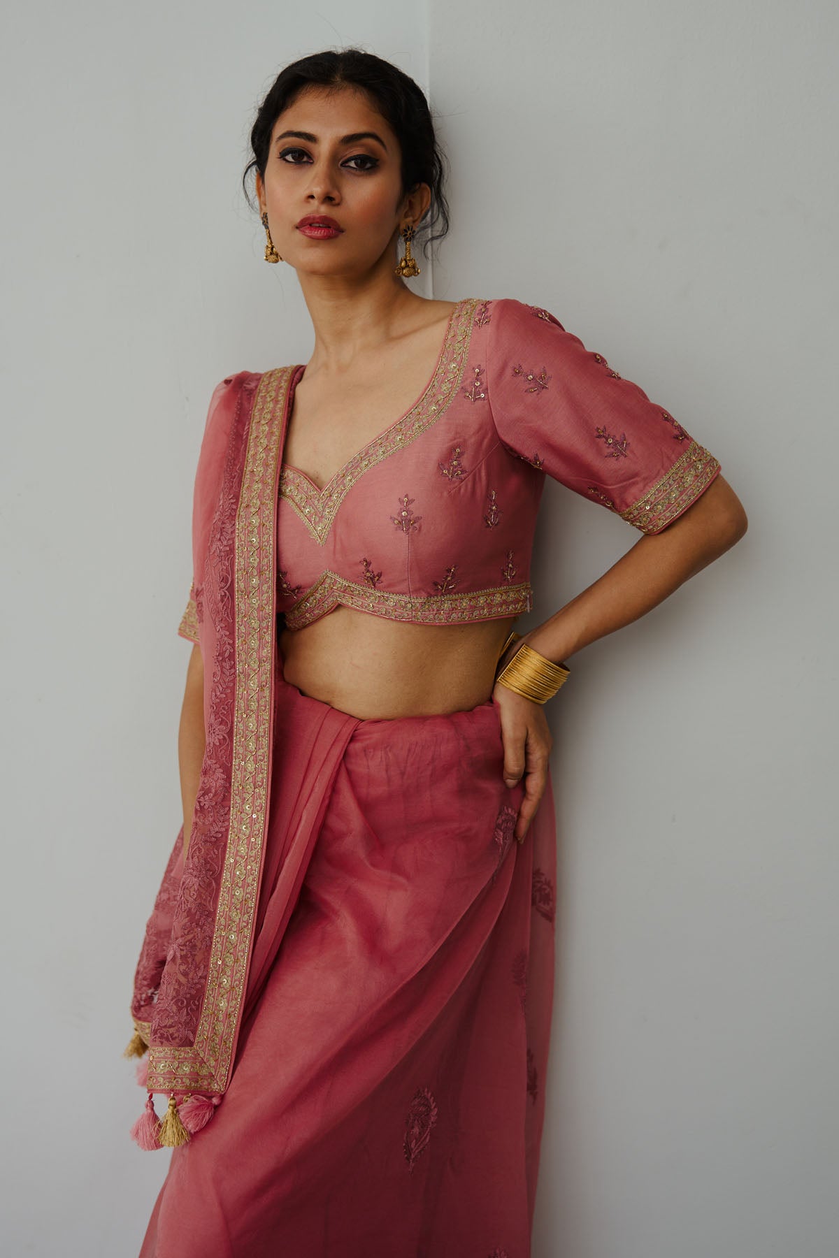 Old Rose Embroidered Saree Set