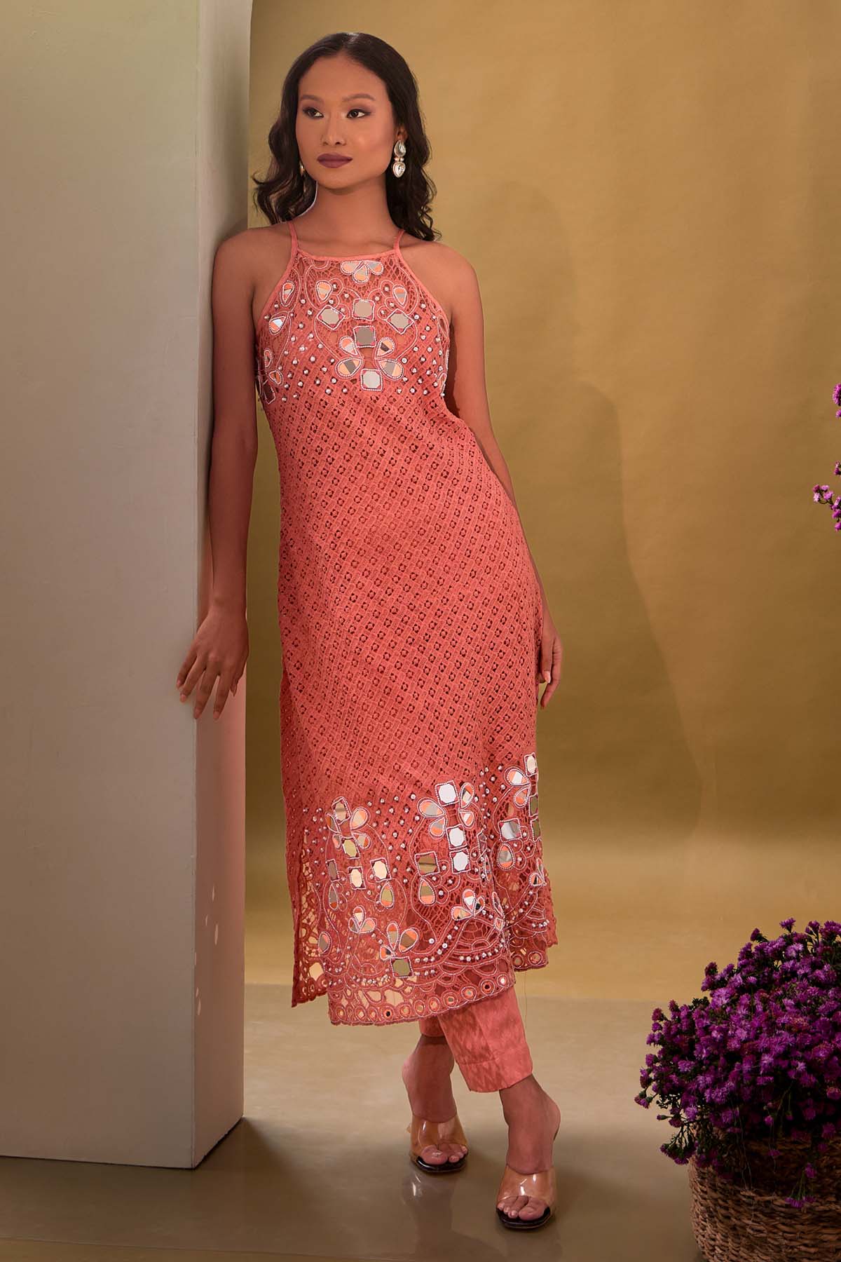 Aishwarya Tyagi Old Rose Mirror Work Kurta Set for women online at ScrollnShops