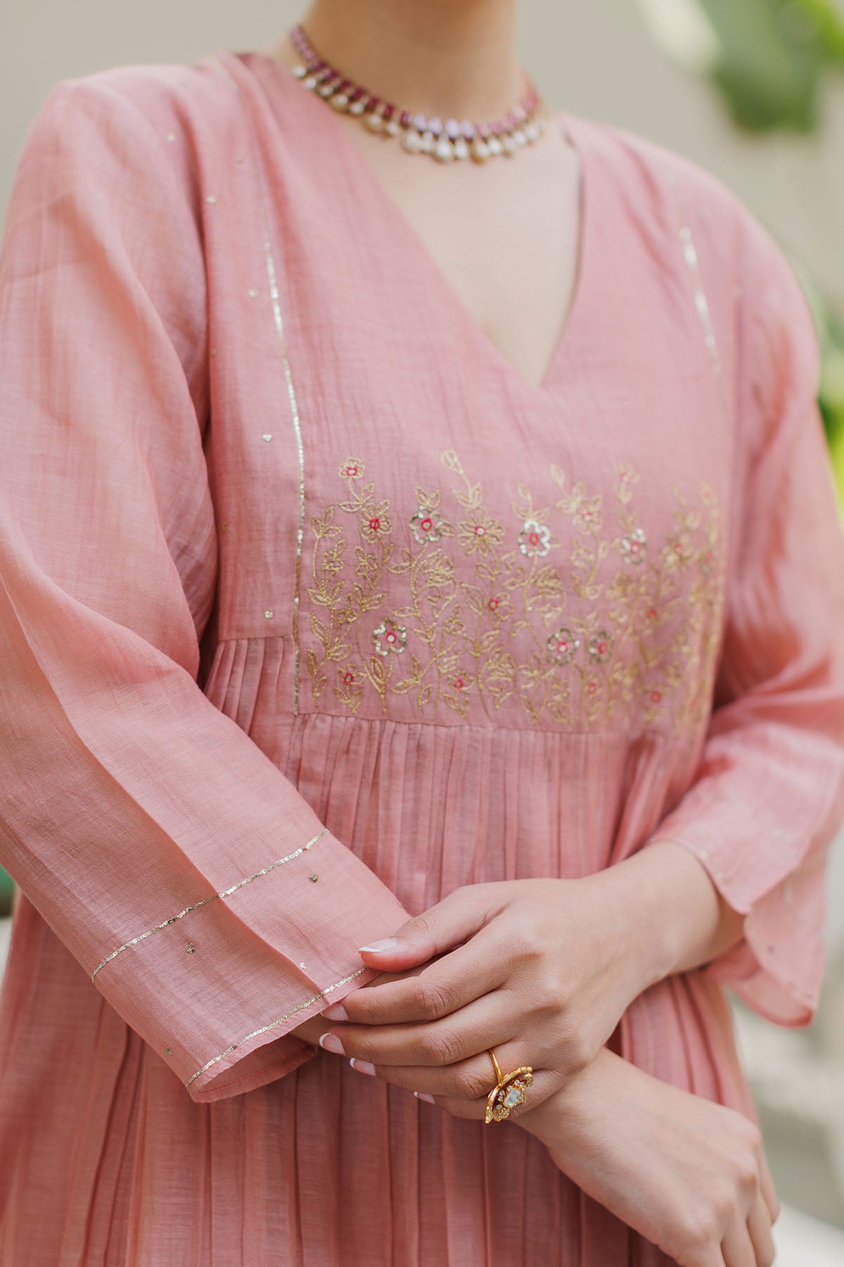 Old Rose Zari Detail Kurta Set