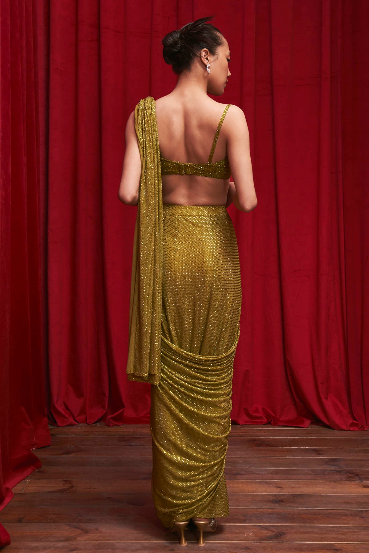 Olive Crystal Pre-Stitched Saree