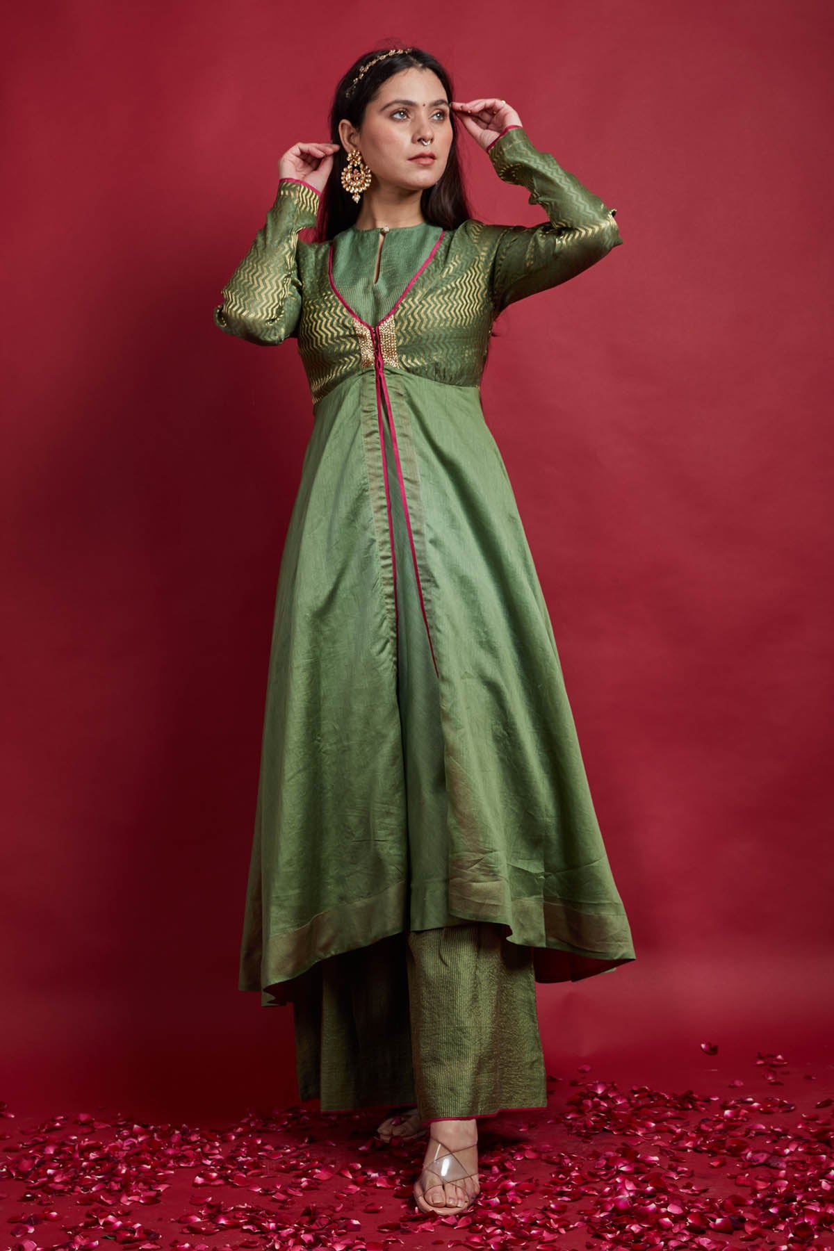Olive Green Anarkali Jacket Set