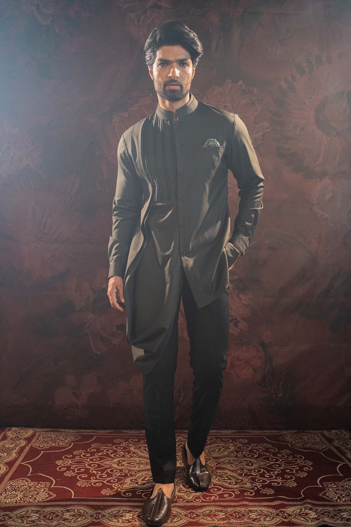 Olive Green Asymmetric Kurta Set