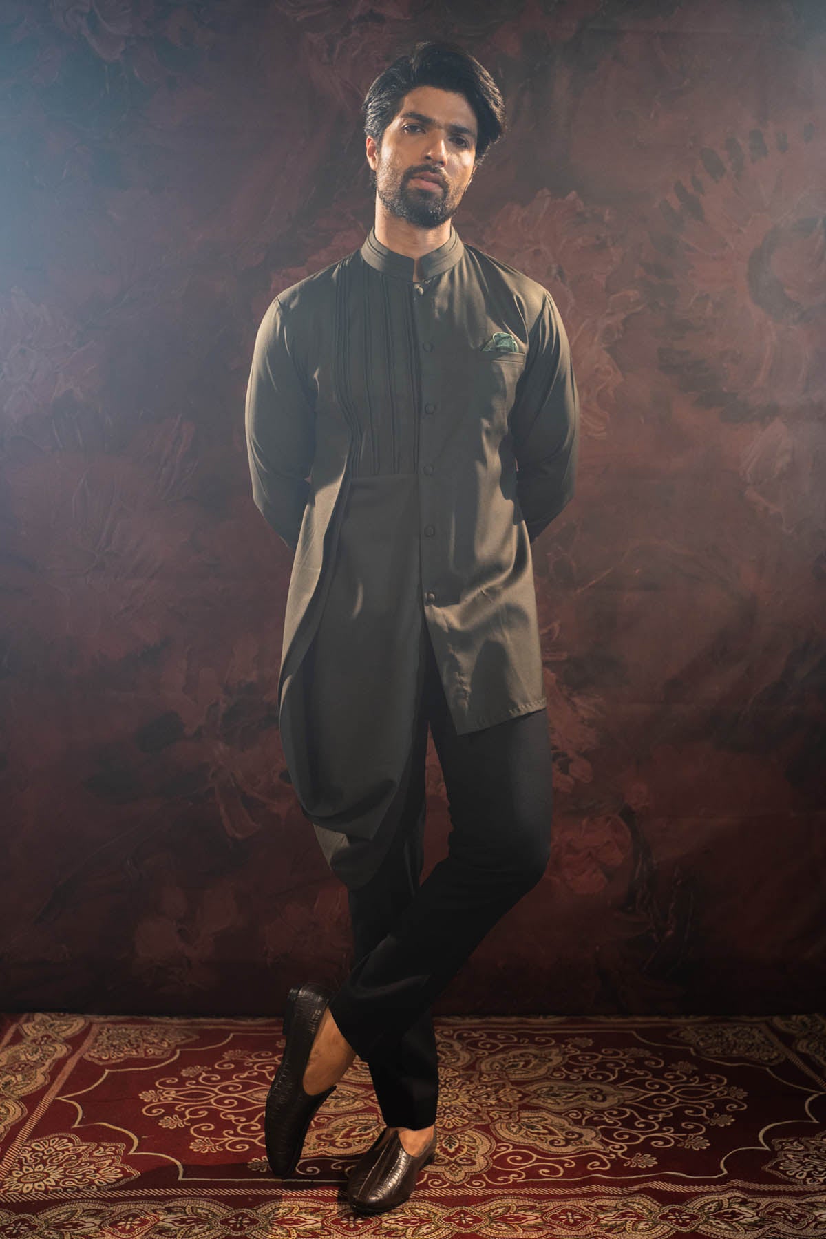 Olive Green Asymmetric Kurta Set
