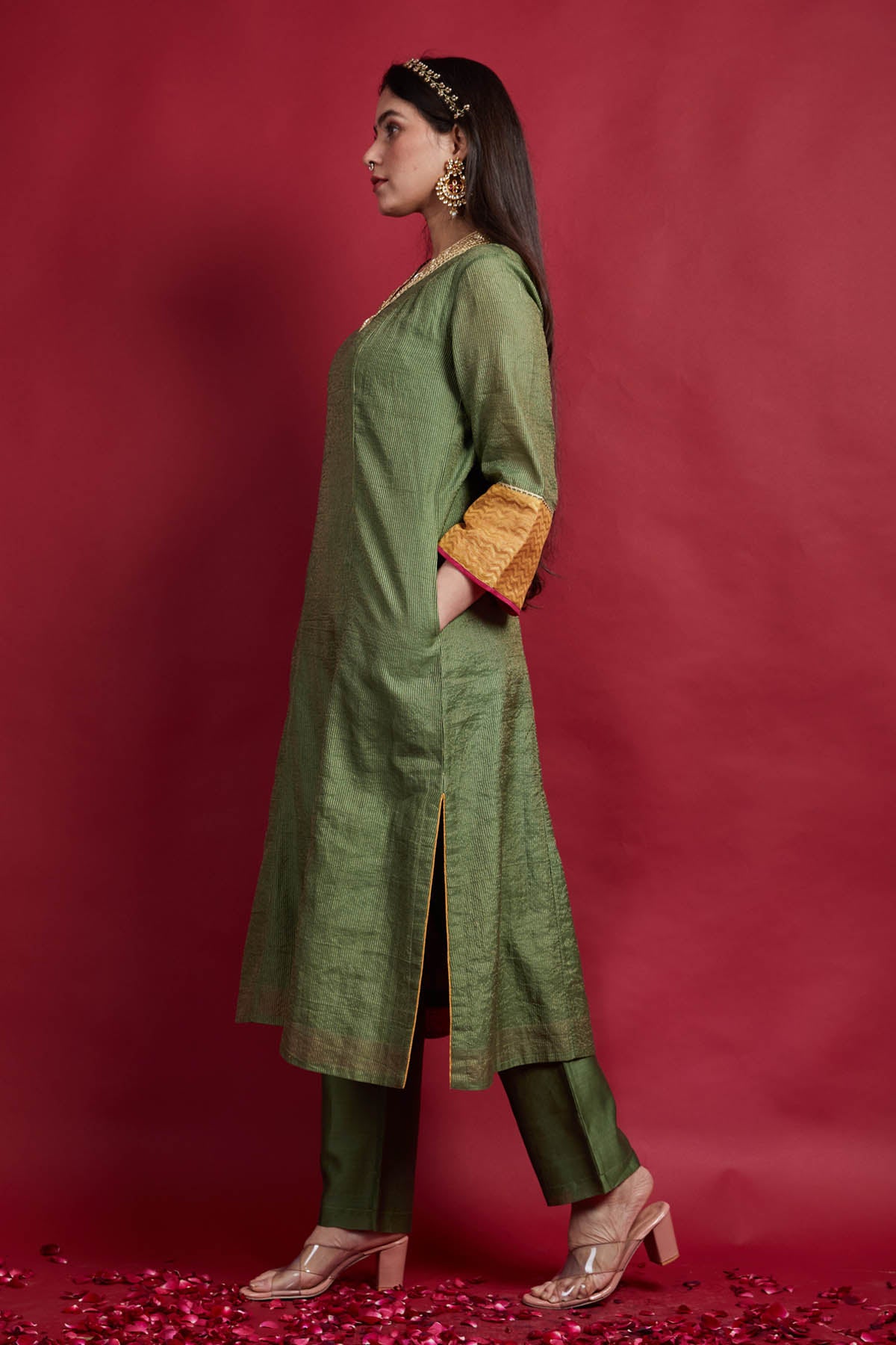 Olive Green Chanderi Kurta Set