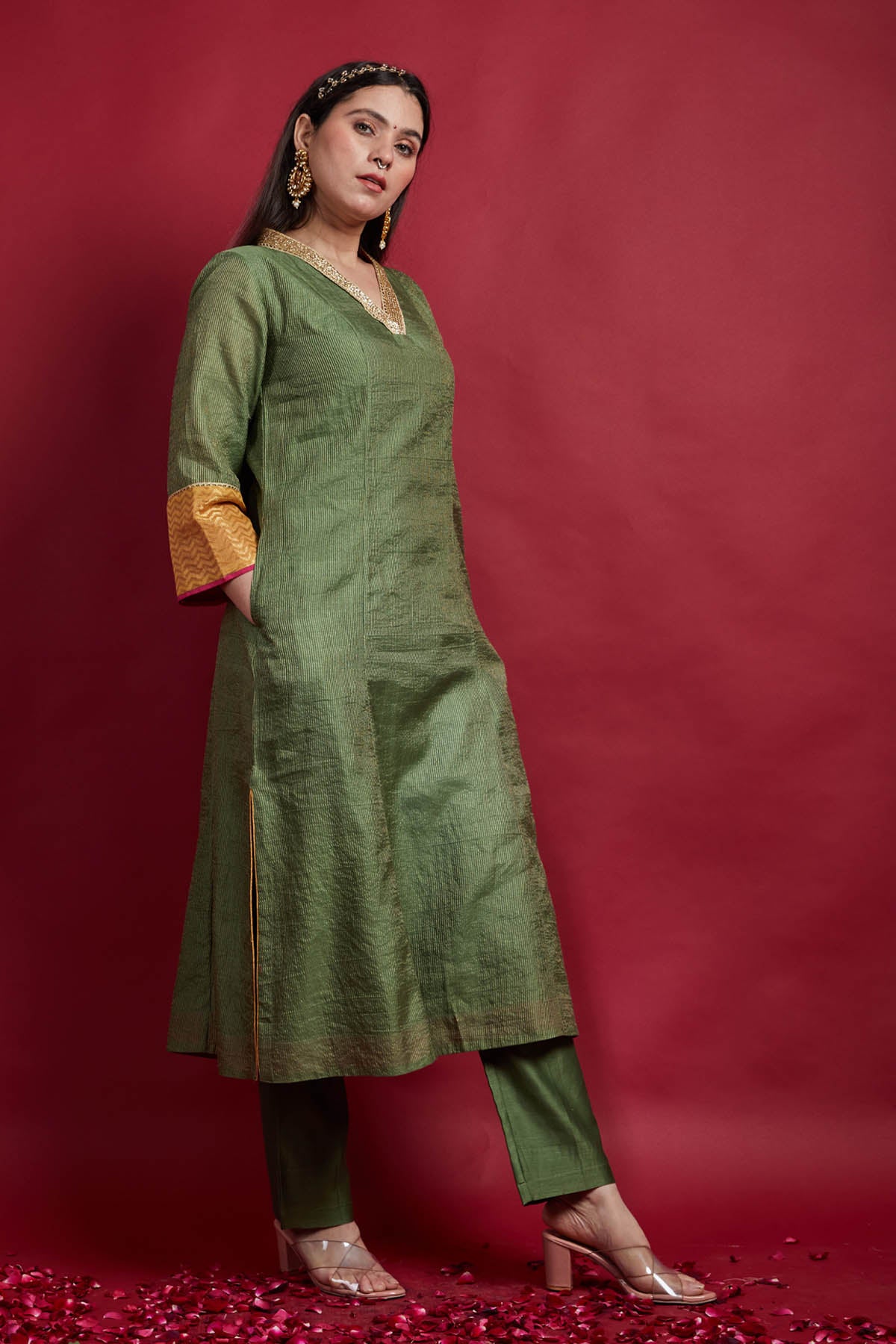 Olive Green Chanderi Kurta Set