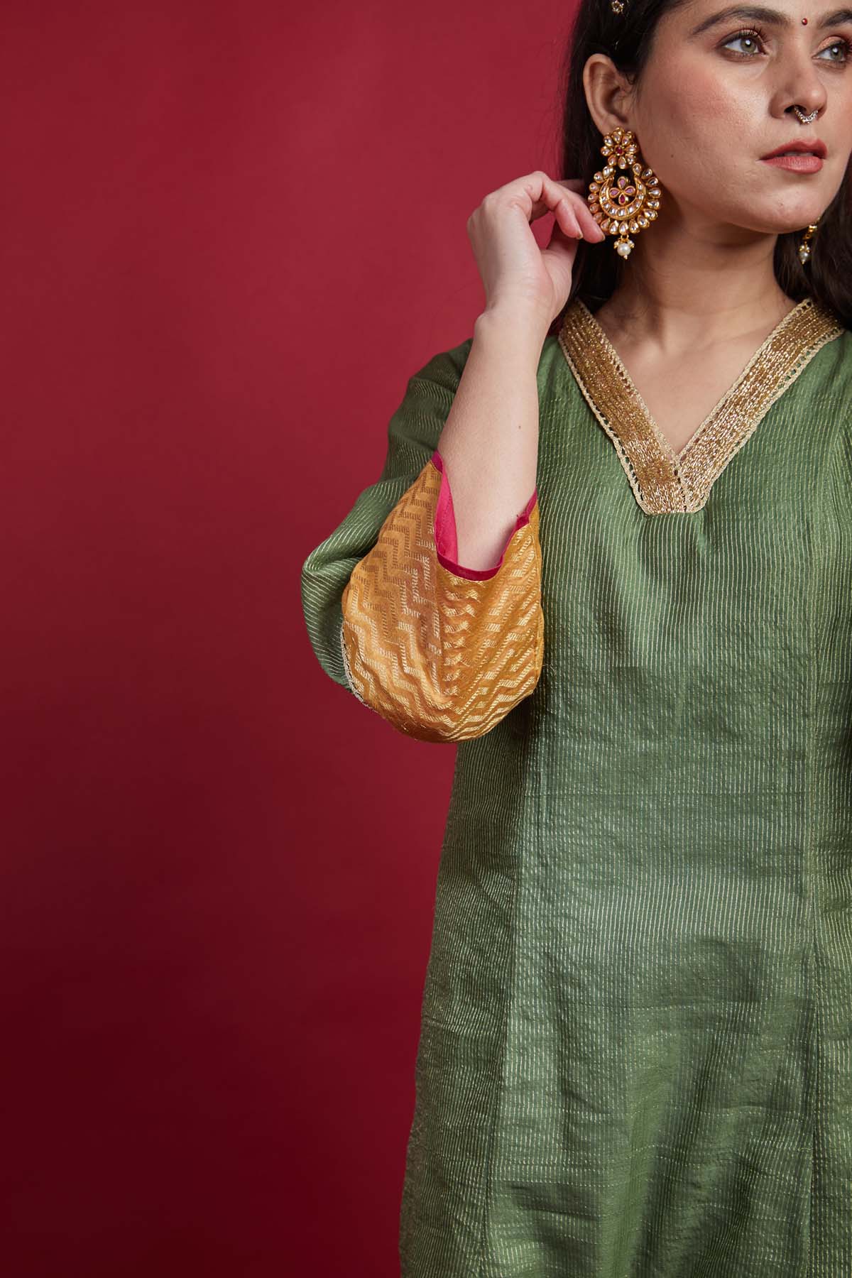 Olive Green Chanderi Kurta Set
