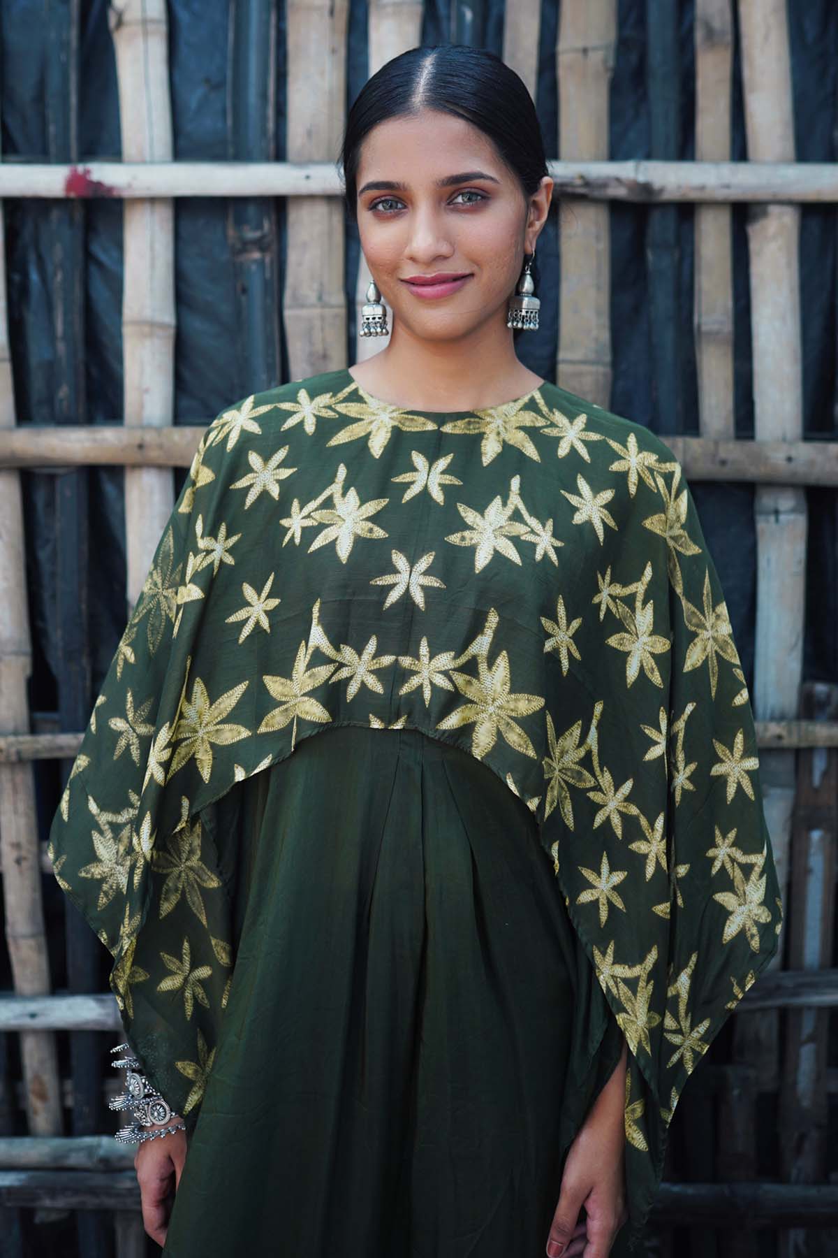 Olive Green Floral Cape Kaftan