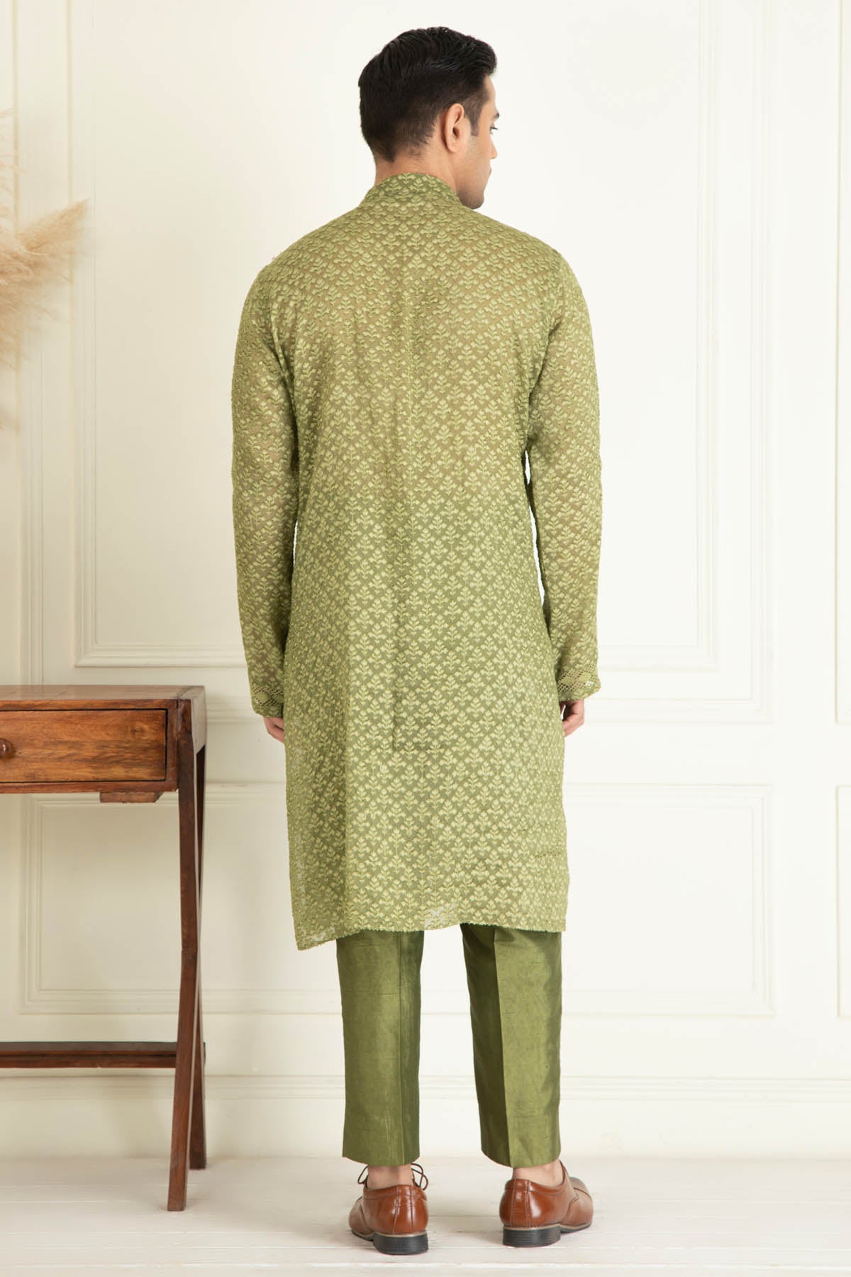 Olive Green Jacquard Kurta Set