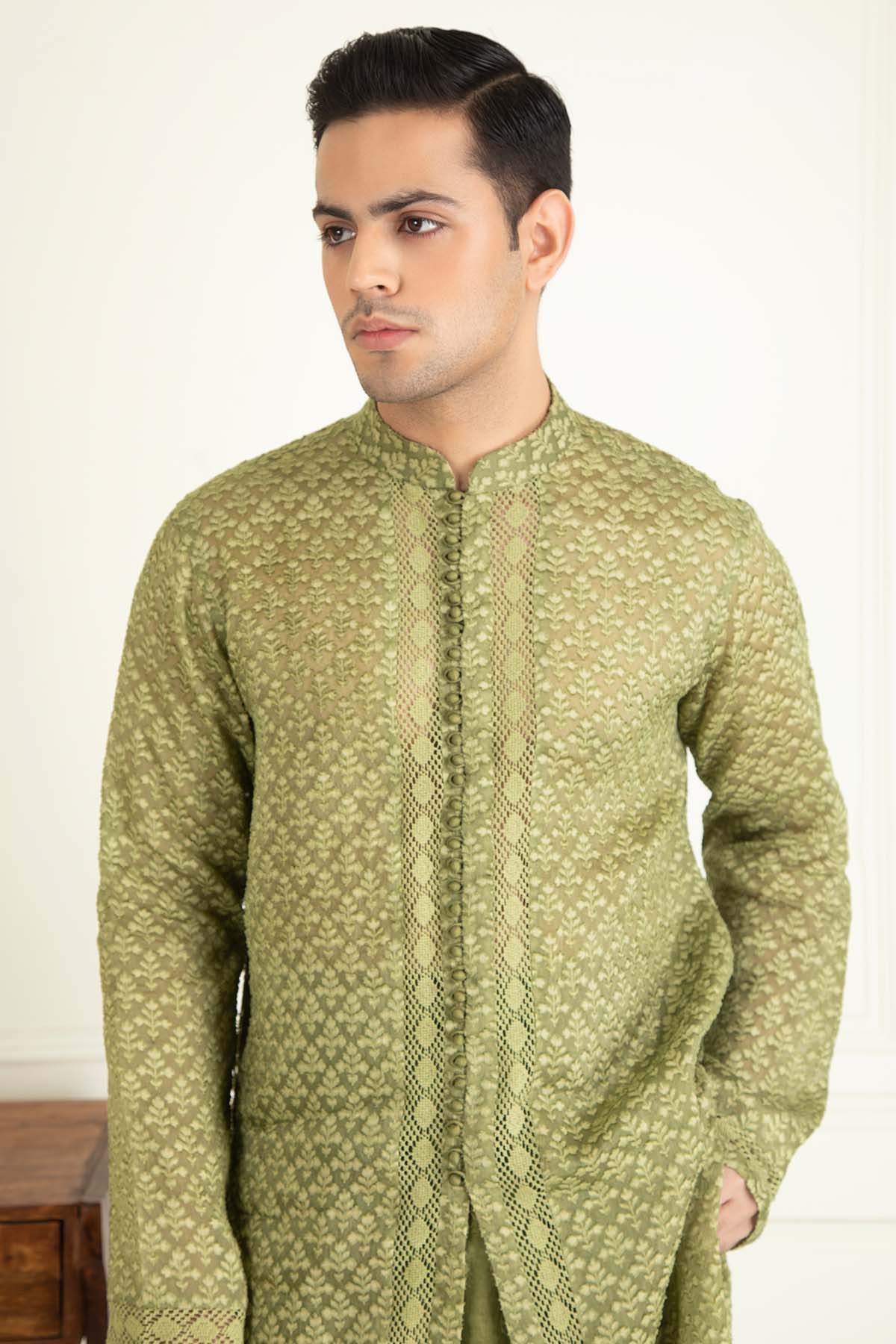 Olive Green Jacquard Kurta Set