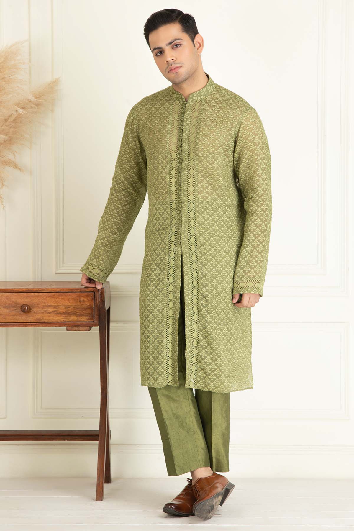 Olive Green Jacquard Kurta Set