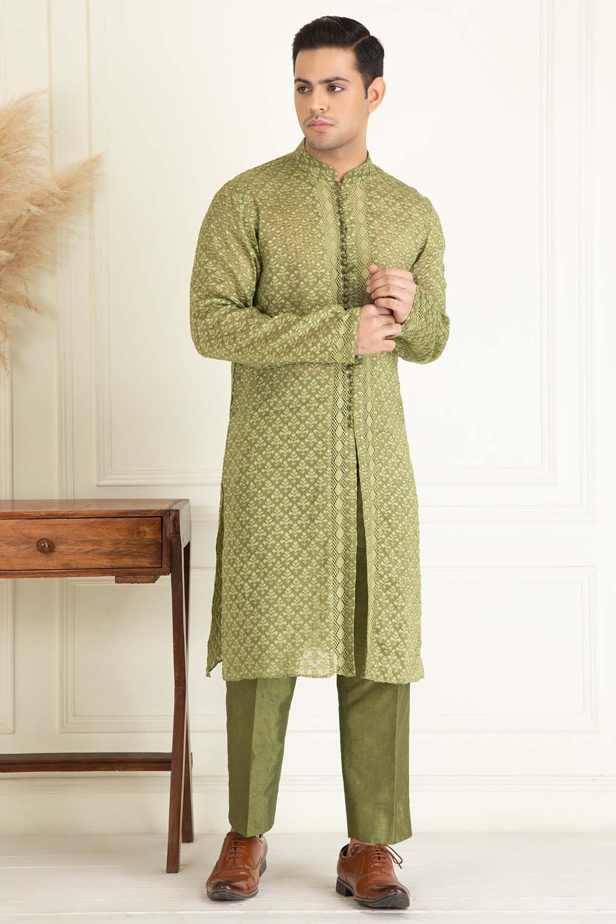 Olive Green Jacquard Kurta Set
