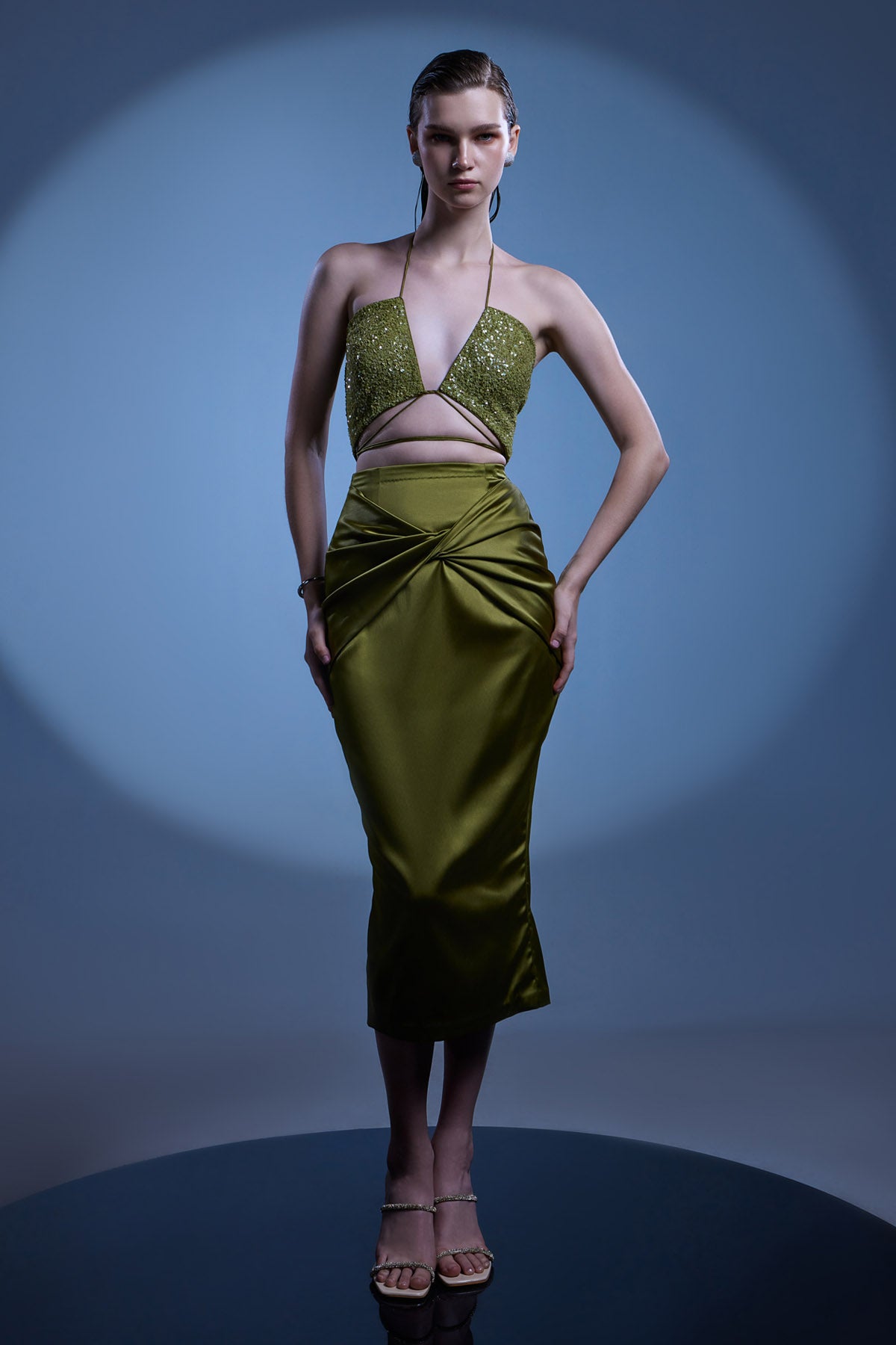 Olive Green Sequins Bralette & Skirt