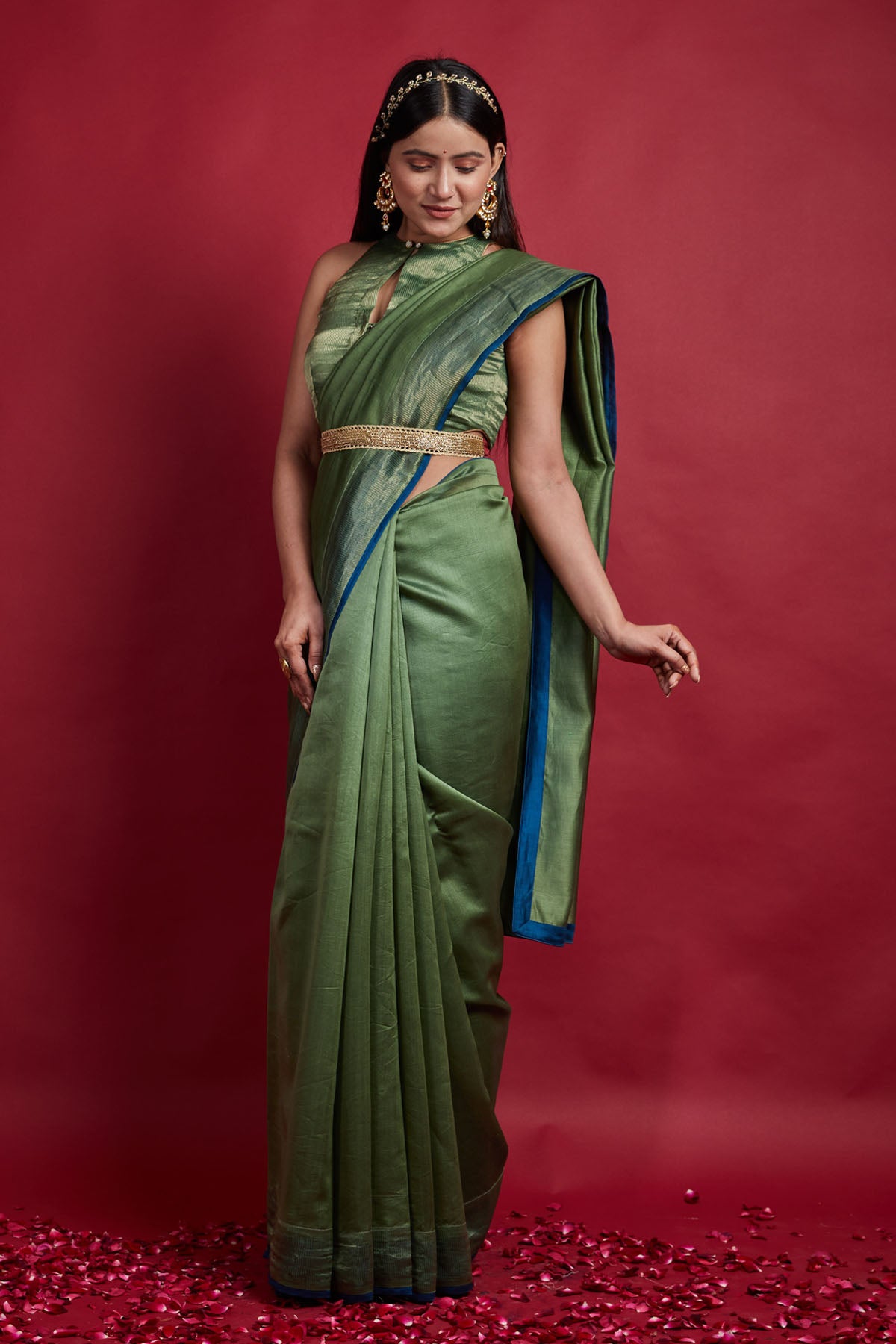 Olive Green Zari Stripe Saree Set