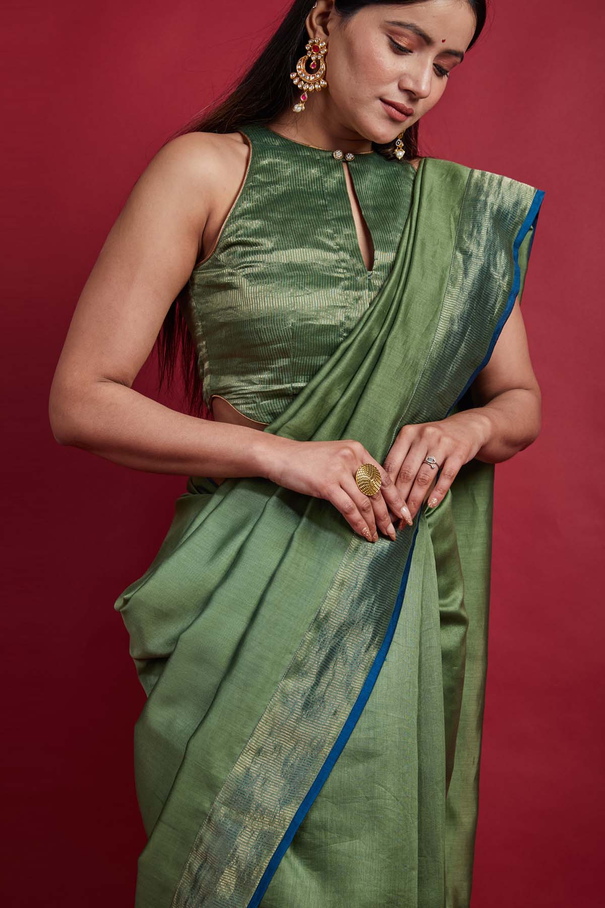 Olive Green Zari Stripe Saree Set