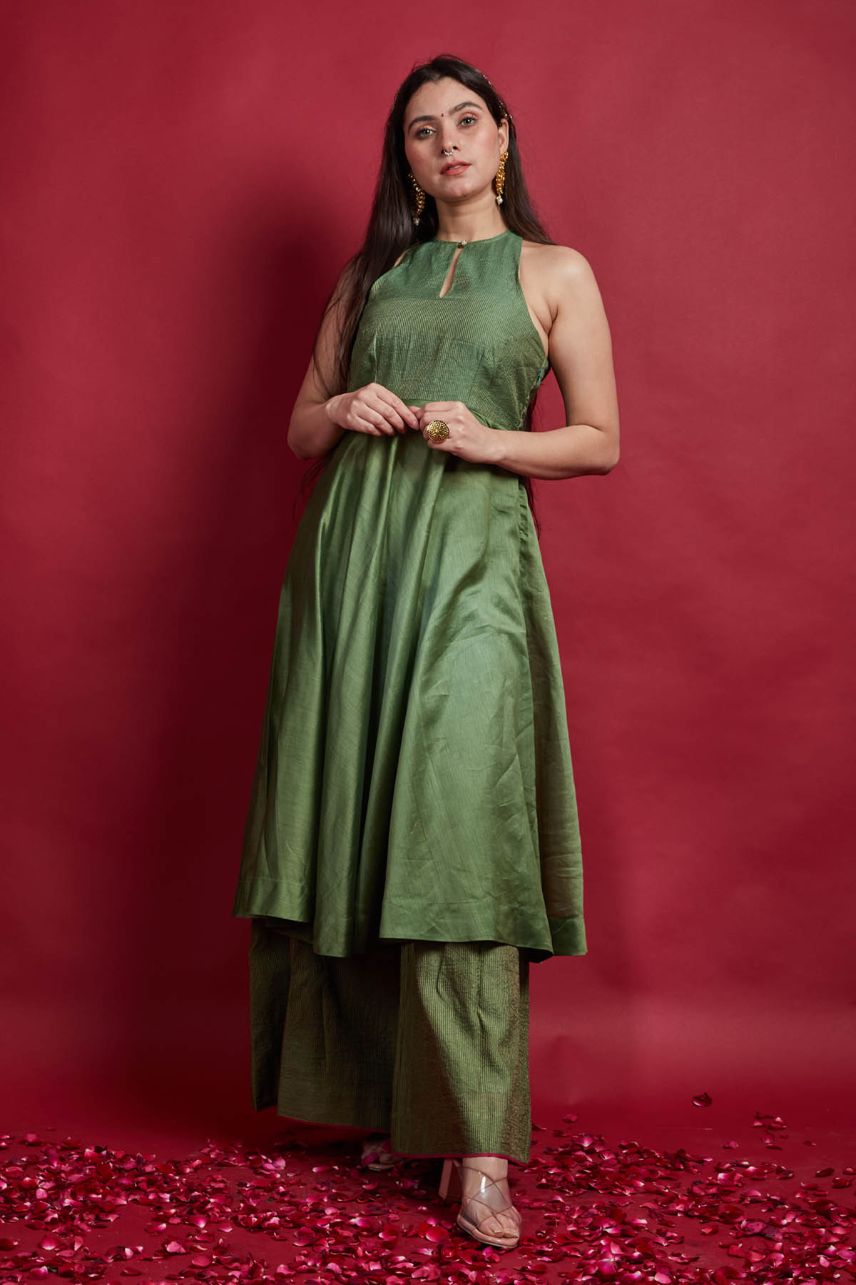 Olive Green Zari Stripe Kurta Set