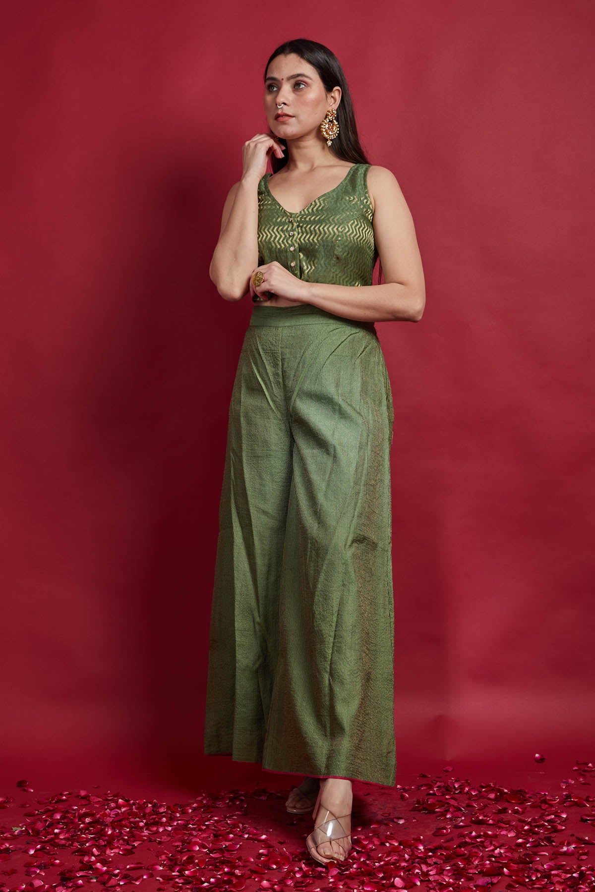 Olive Green Zari Stripe Top & Palazzo