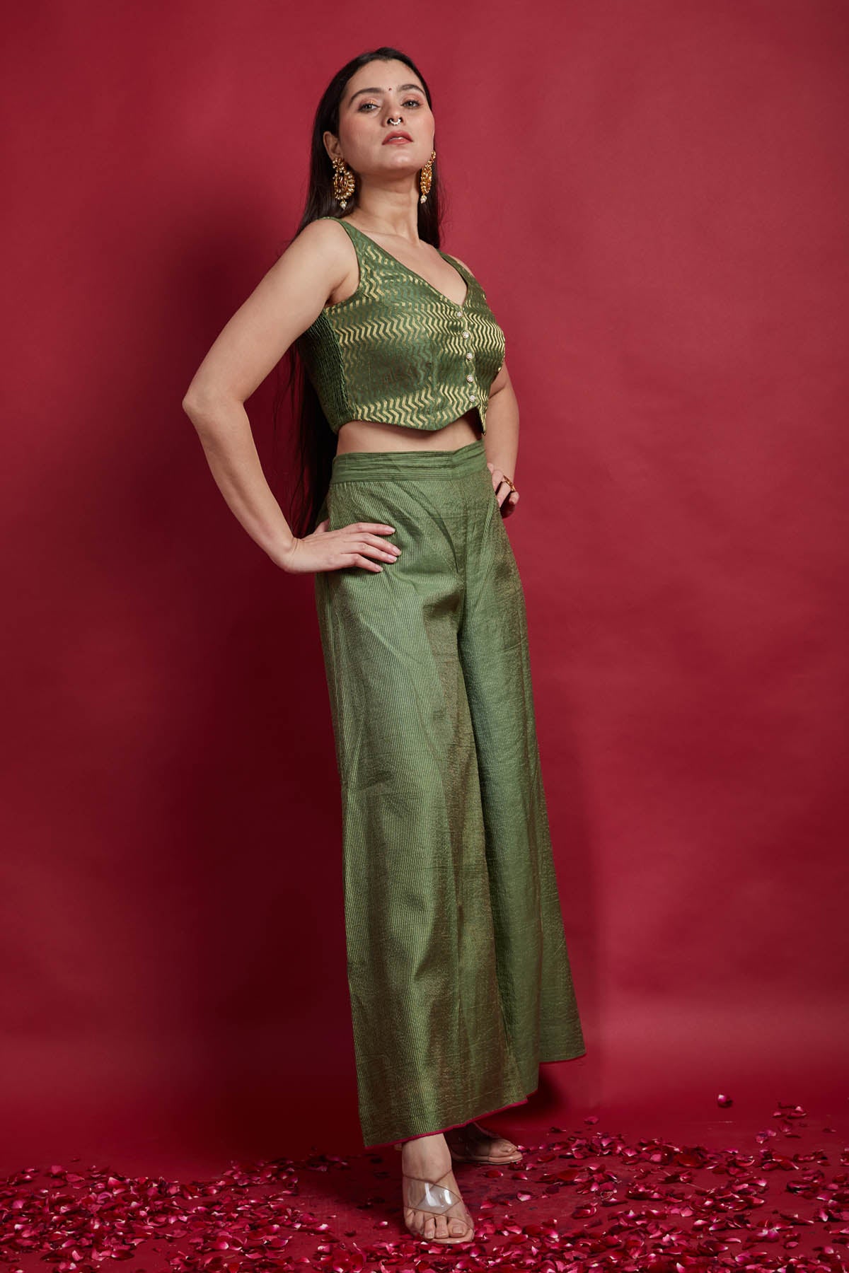 Olive Green Zari Stripe Top & Palazzo