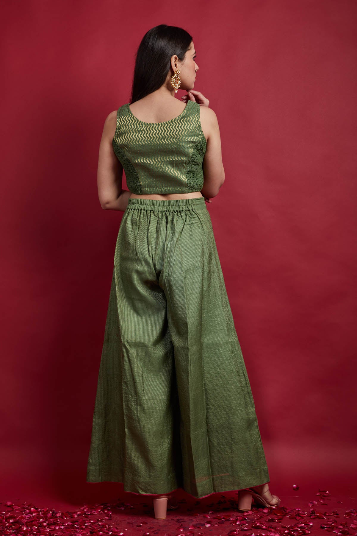 Olive Green Zari Stripe Top & Palazzo