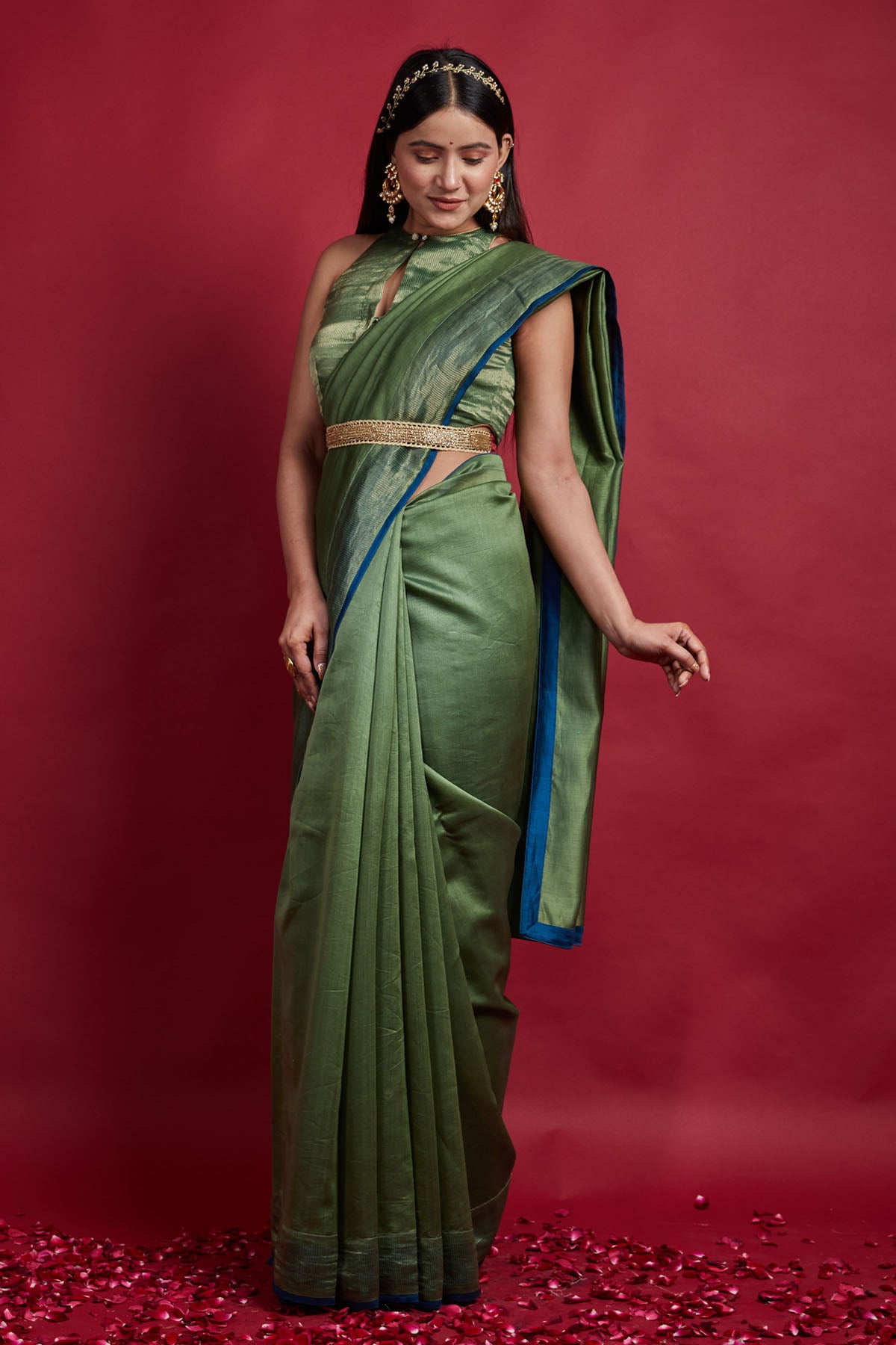 Olive Green Zari Weave Saree Set