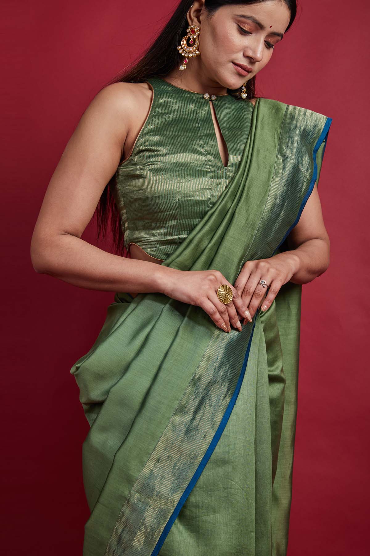 Olive Green Zari Weave Saree Set