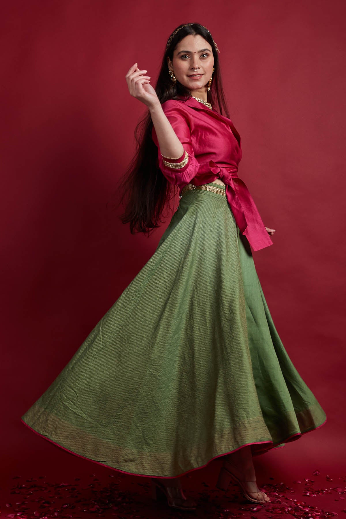 Olive Green & Pink Lehenga Set