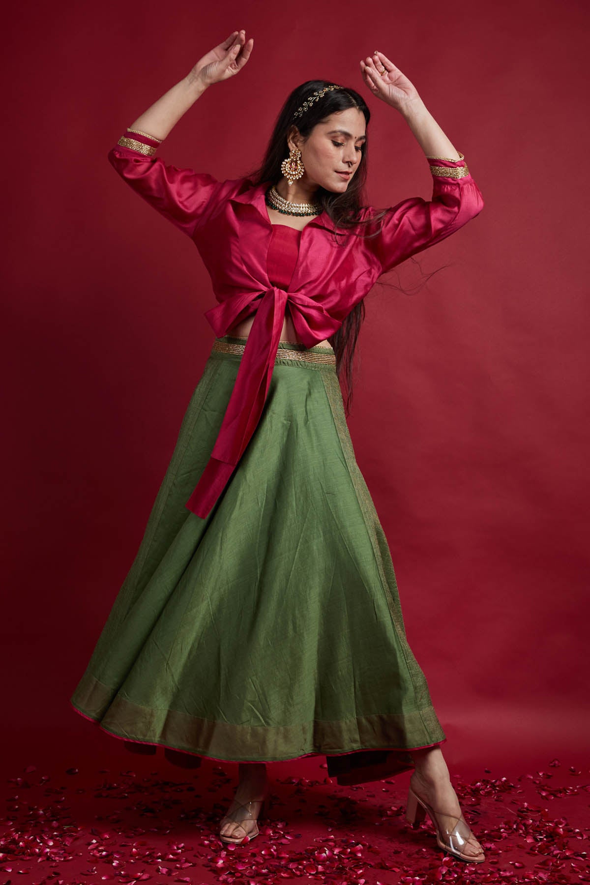 Olive Green & Pink Lehenga Set