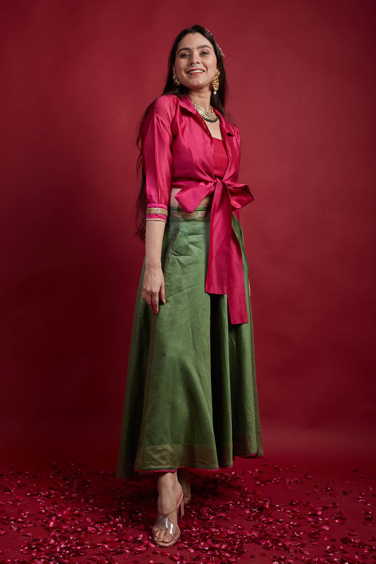 Olive Green & Pink Lehenga Set