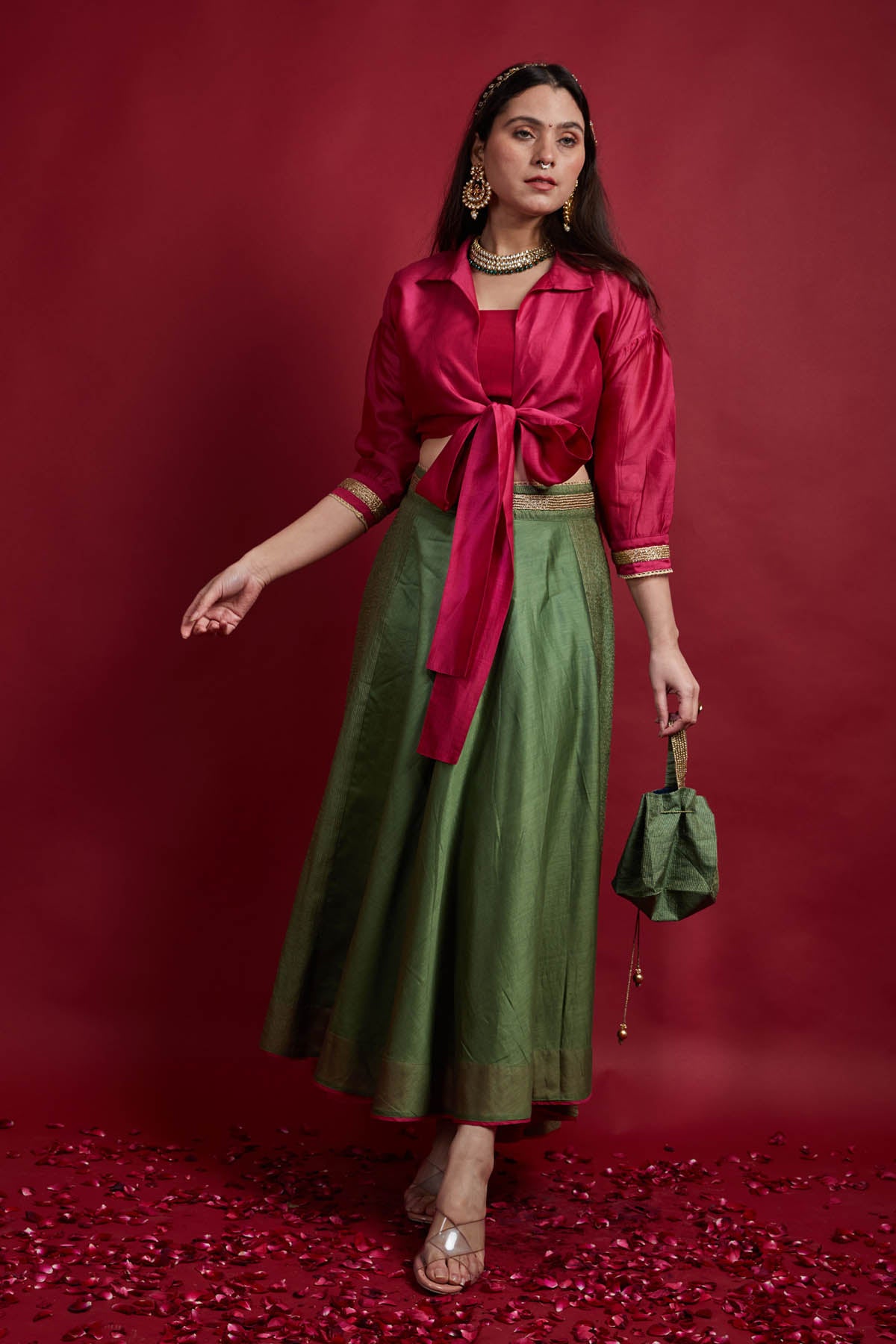 Olive Green & Pink Lehenga Set