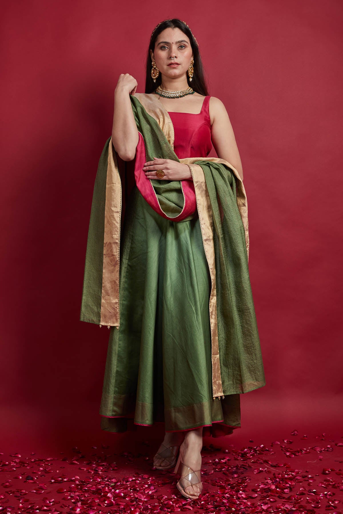 Olive Green Lehenga with Pink Blouse