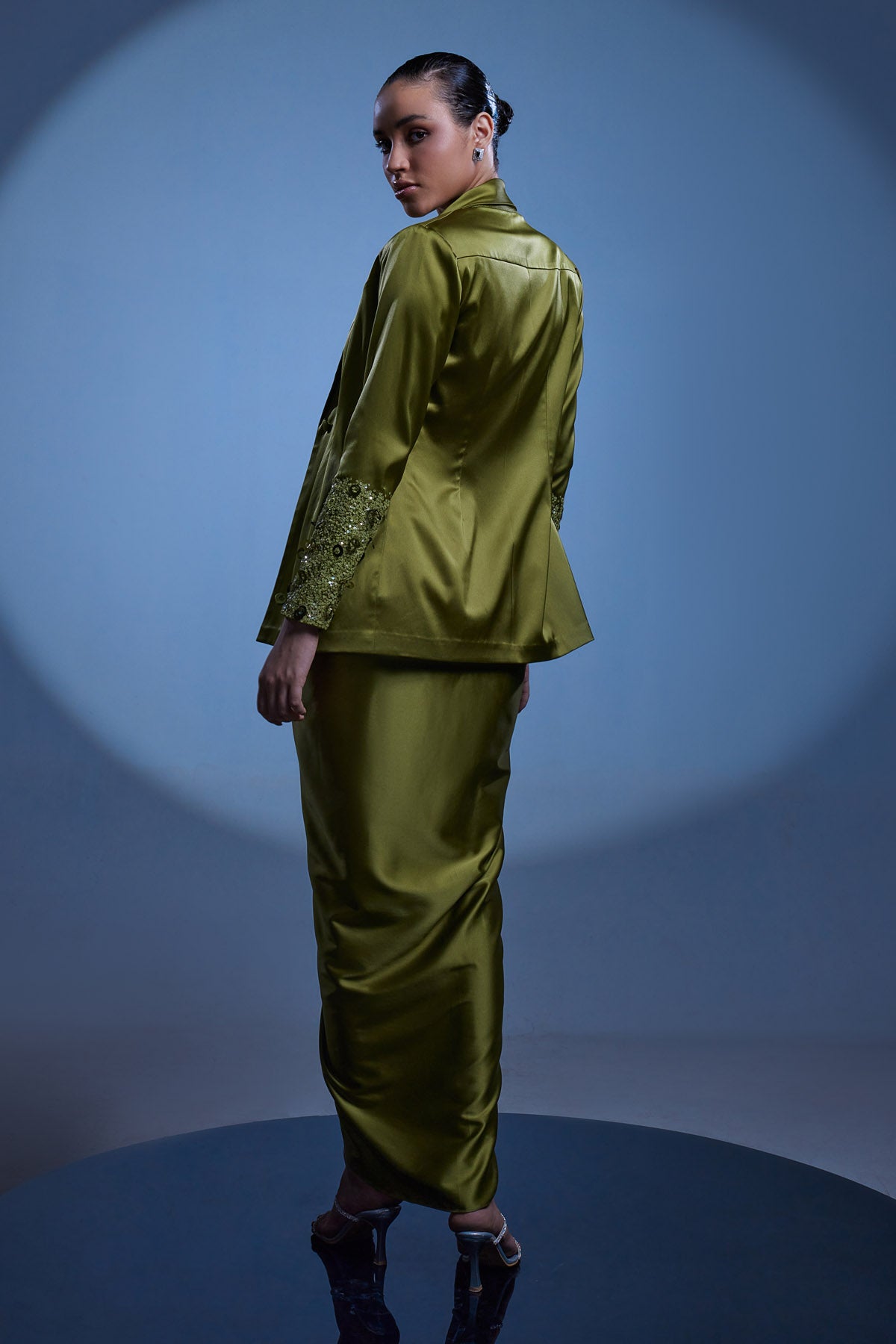 Olive Sequins Blazer & Skirt Set