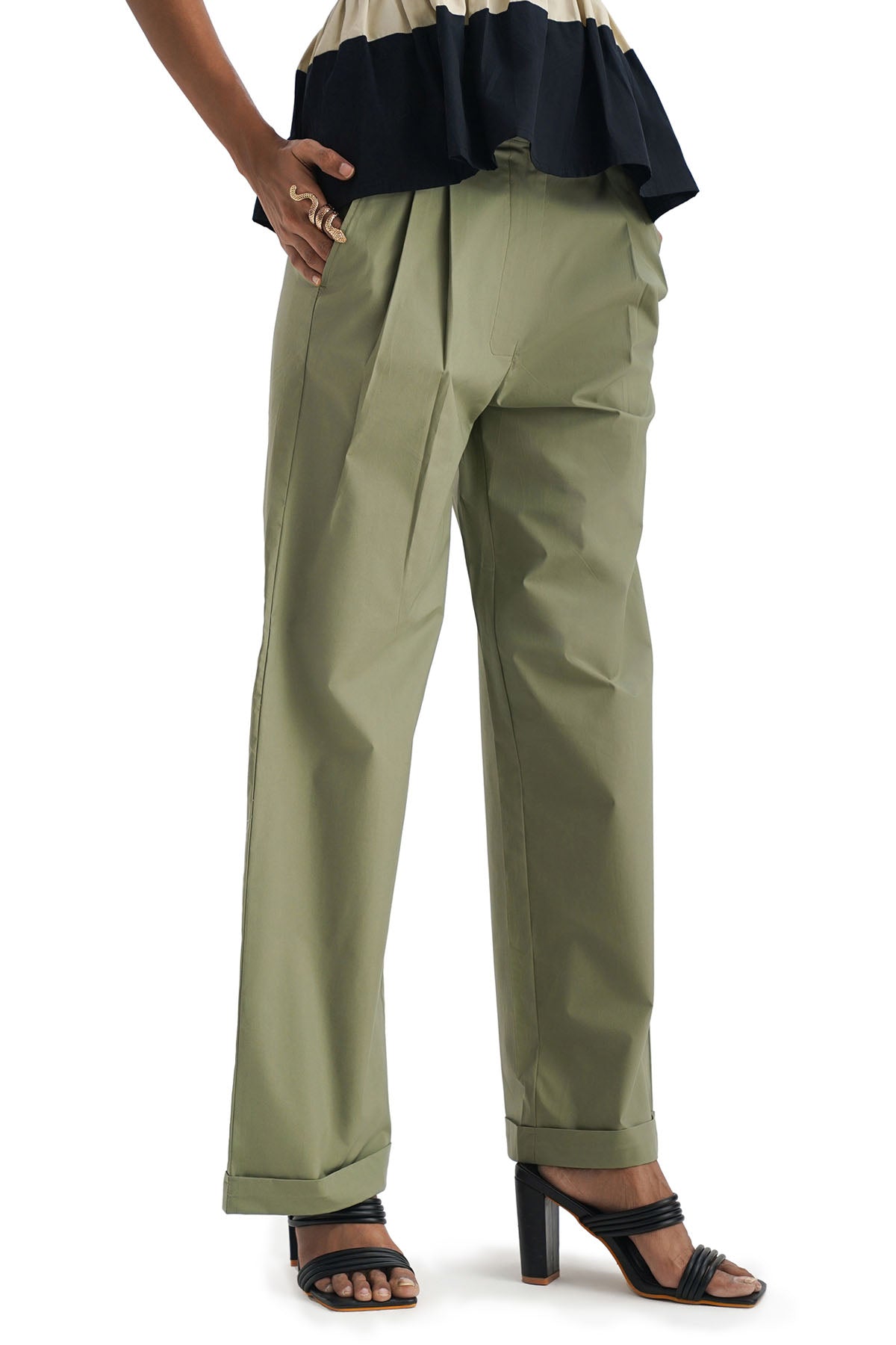 Olive 100% Cotton Pleated Pants