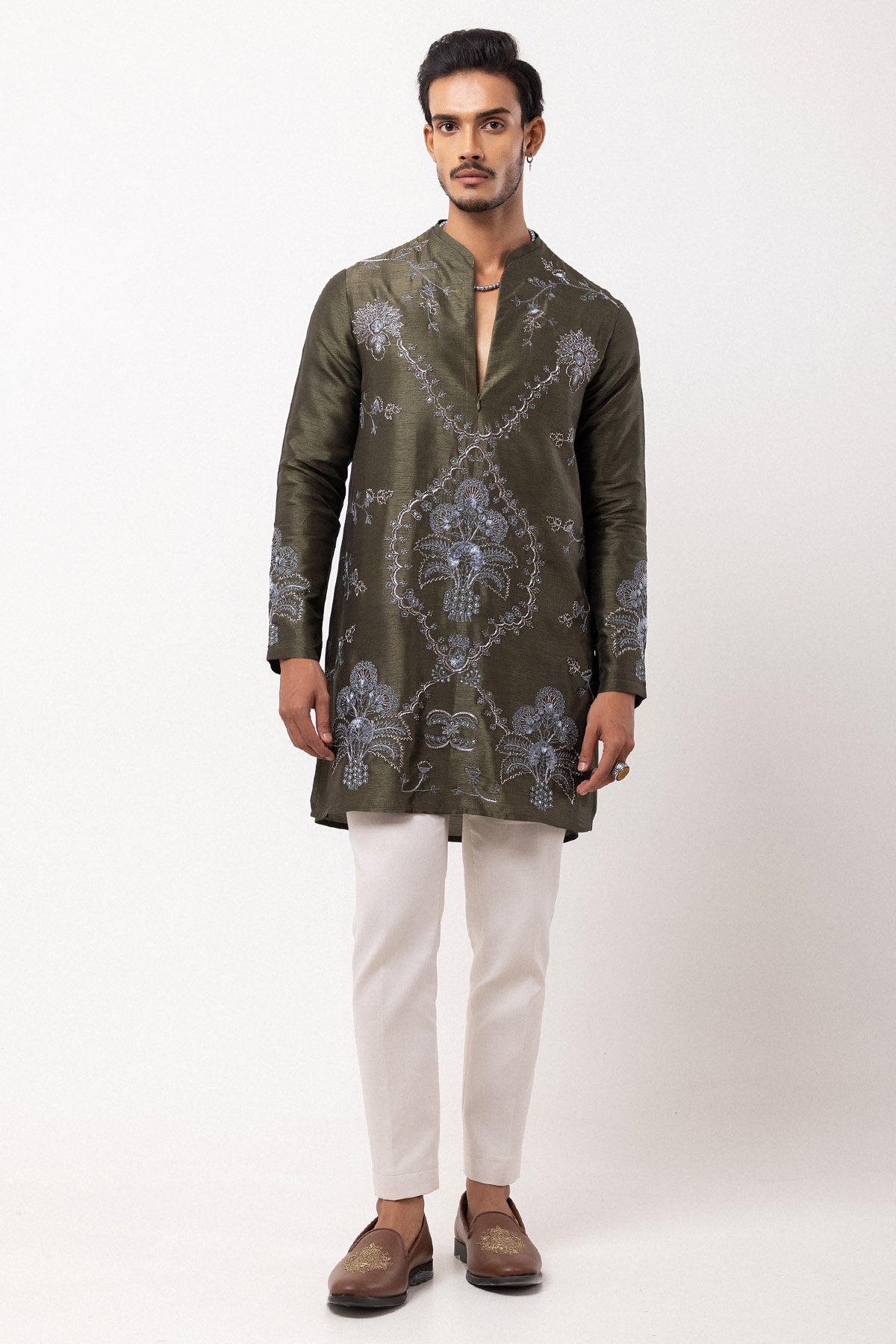 Olive Bemberg Silk Floral Kurta