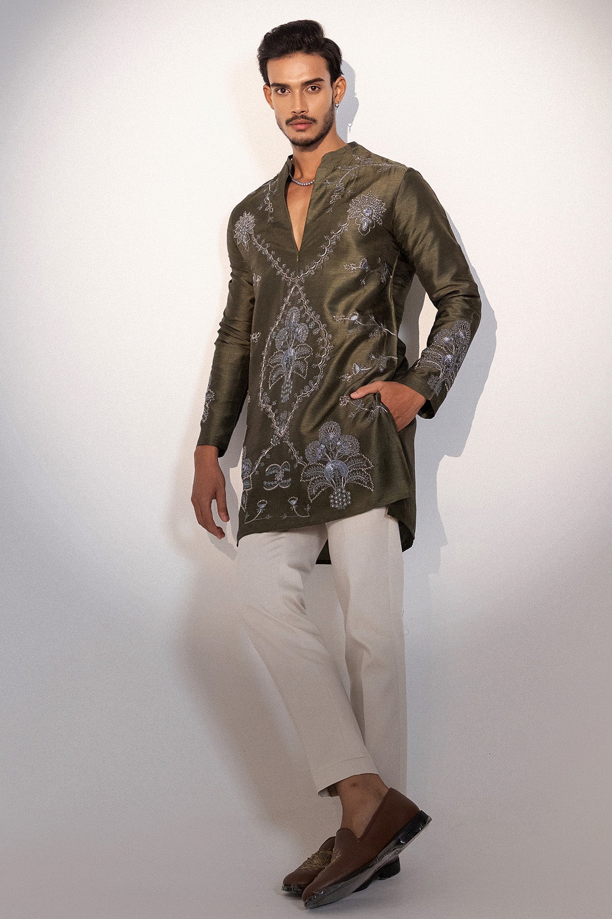 Olive Bemberg Silk Floral Kurta