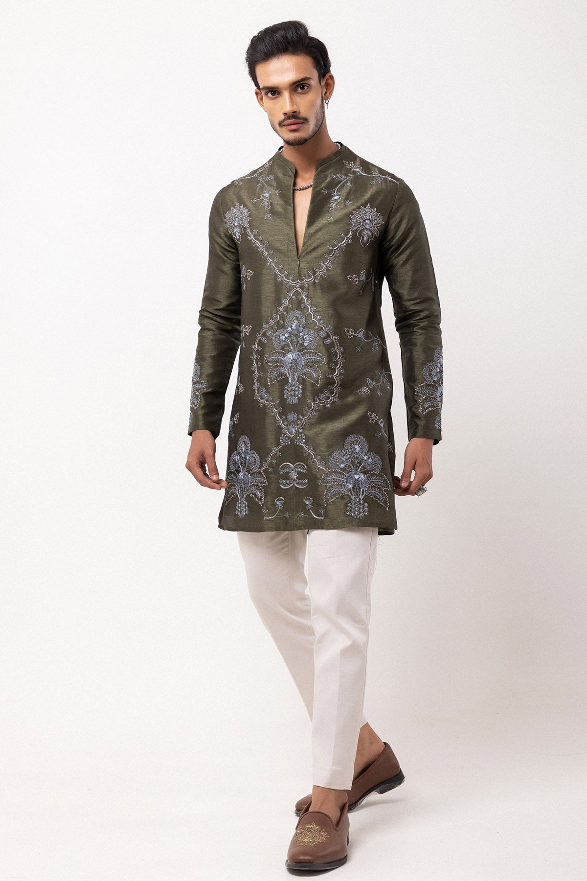 Buy Olive Bemberg Silk Floral Kurta for men by Paarsh Atelier online available at scrollnshops