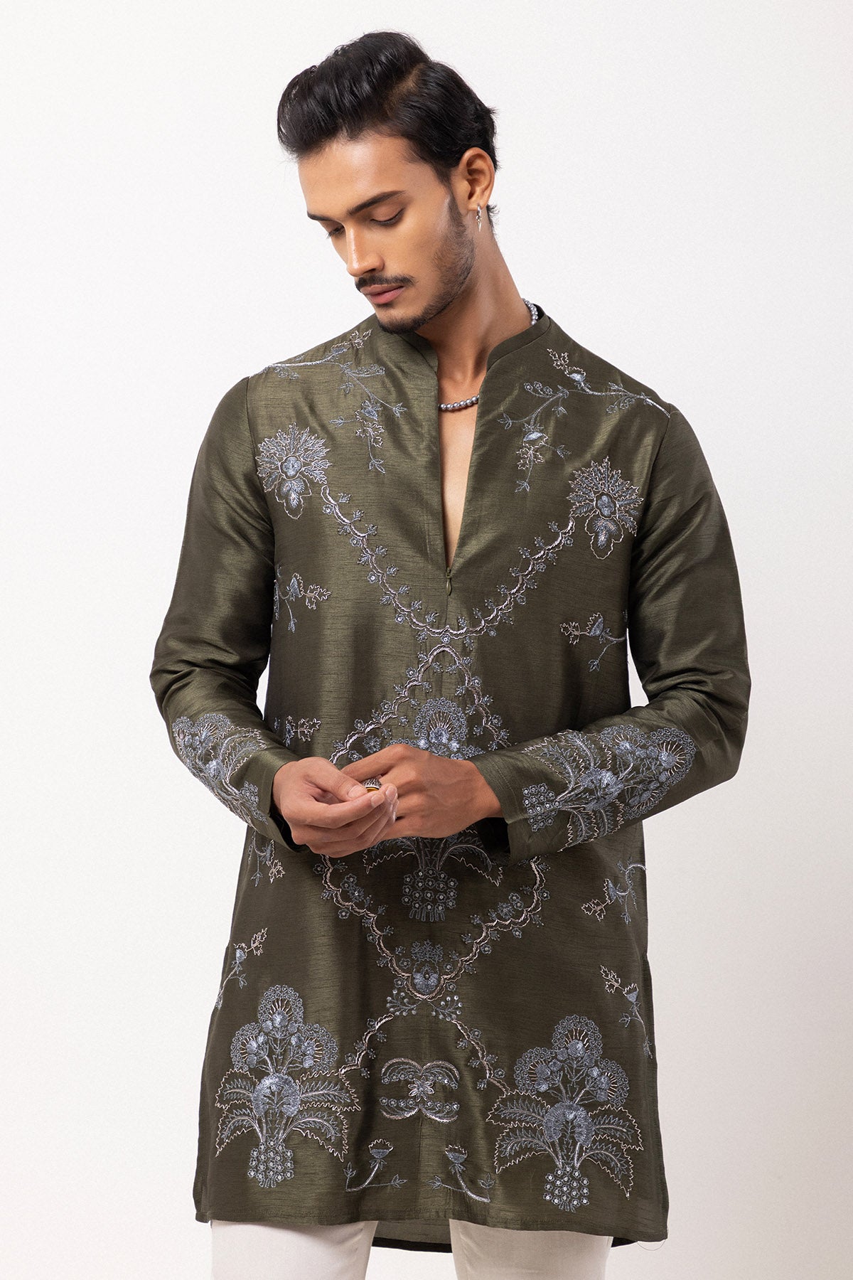Olive Bemberg Silk Floral Kurta