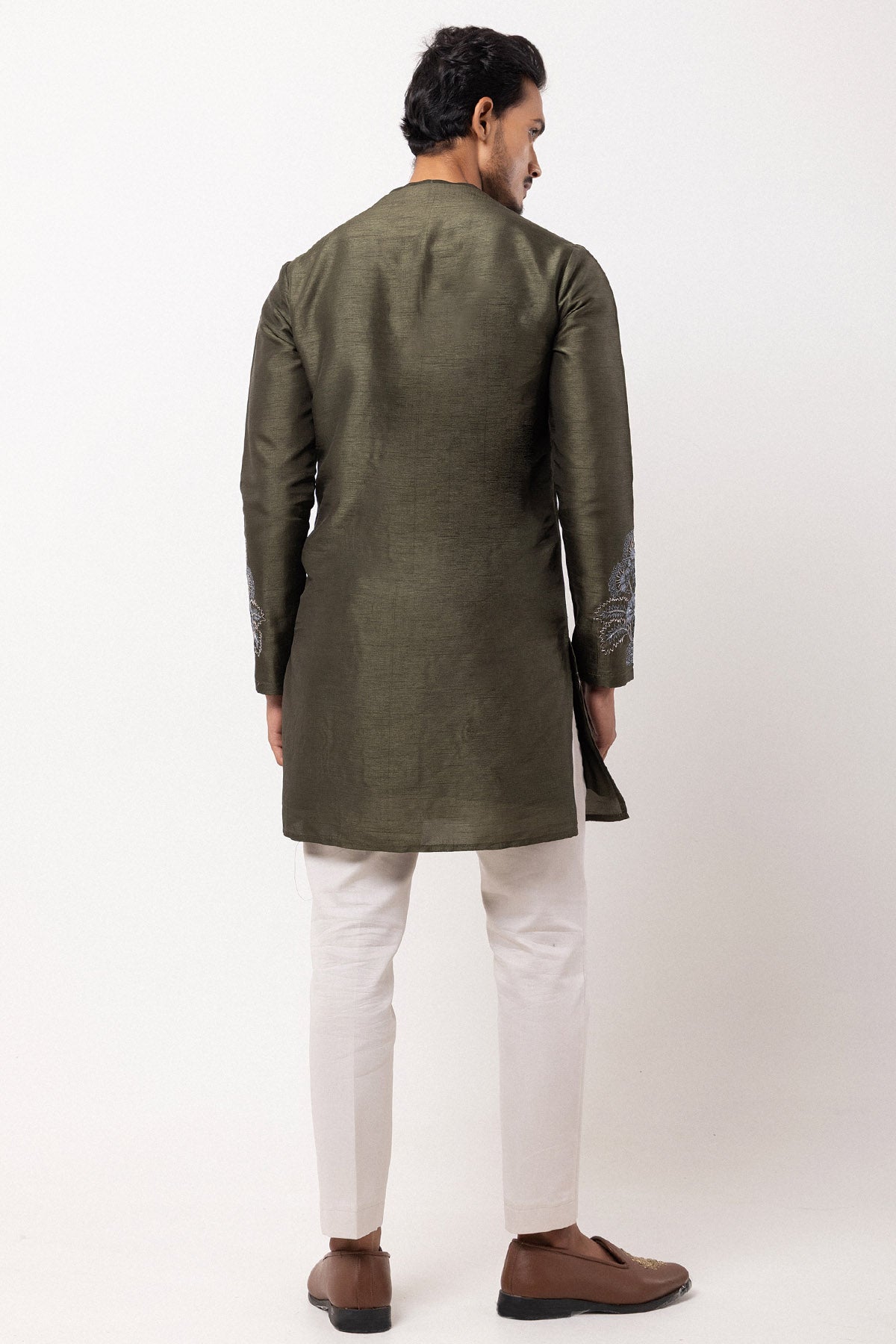 Olive Bemberg Silk Floral Kurta
