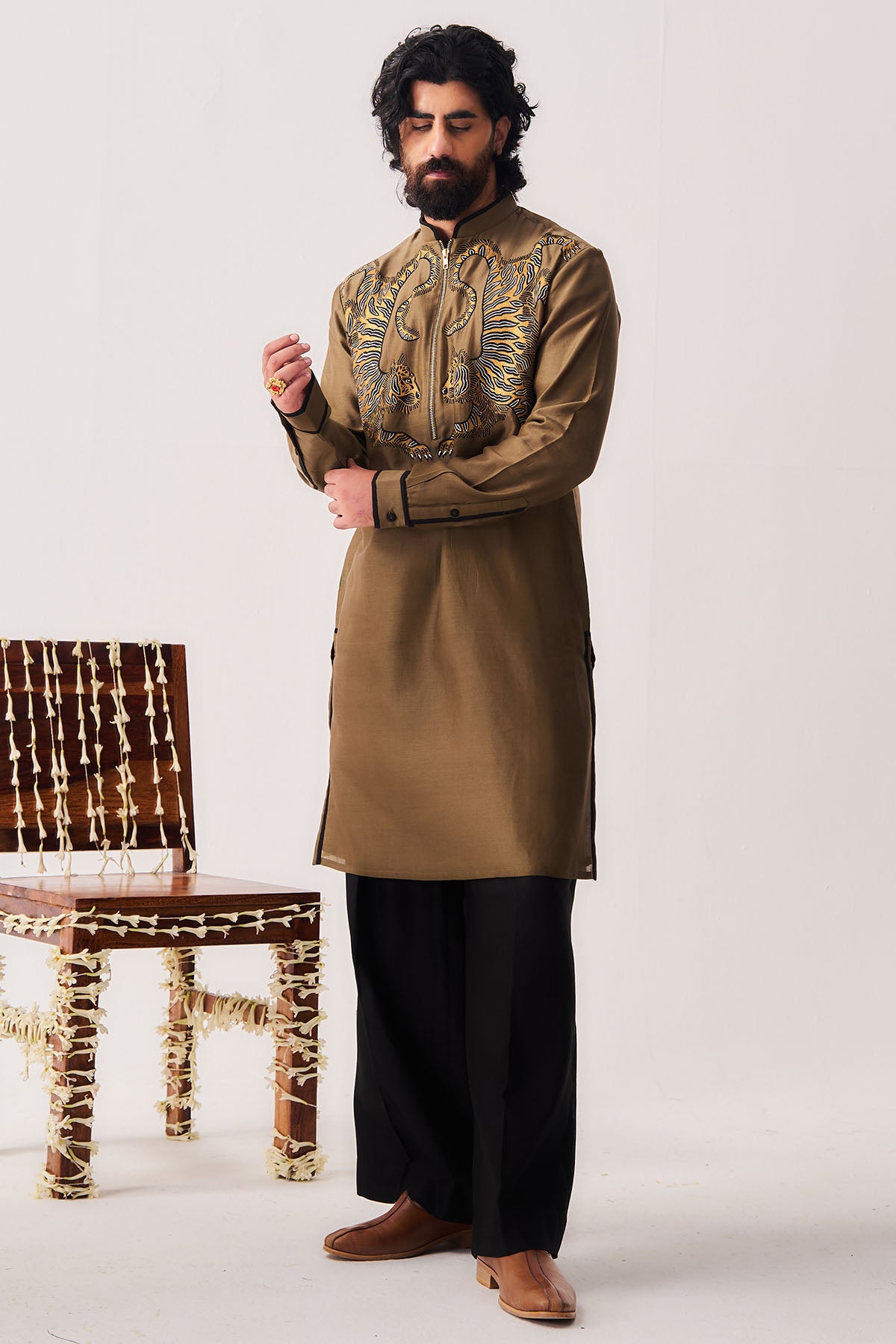 Olive Brown Chanderi Kurta Set