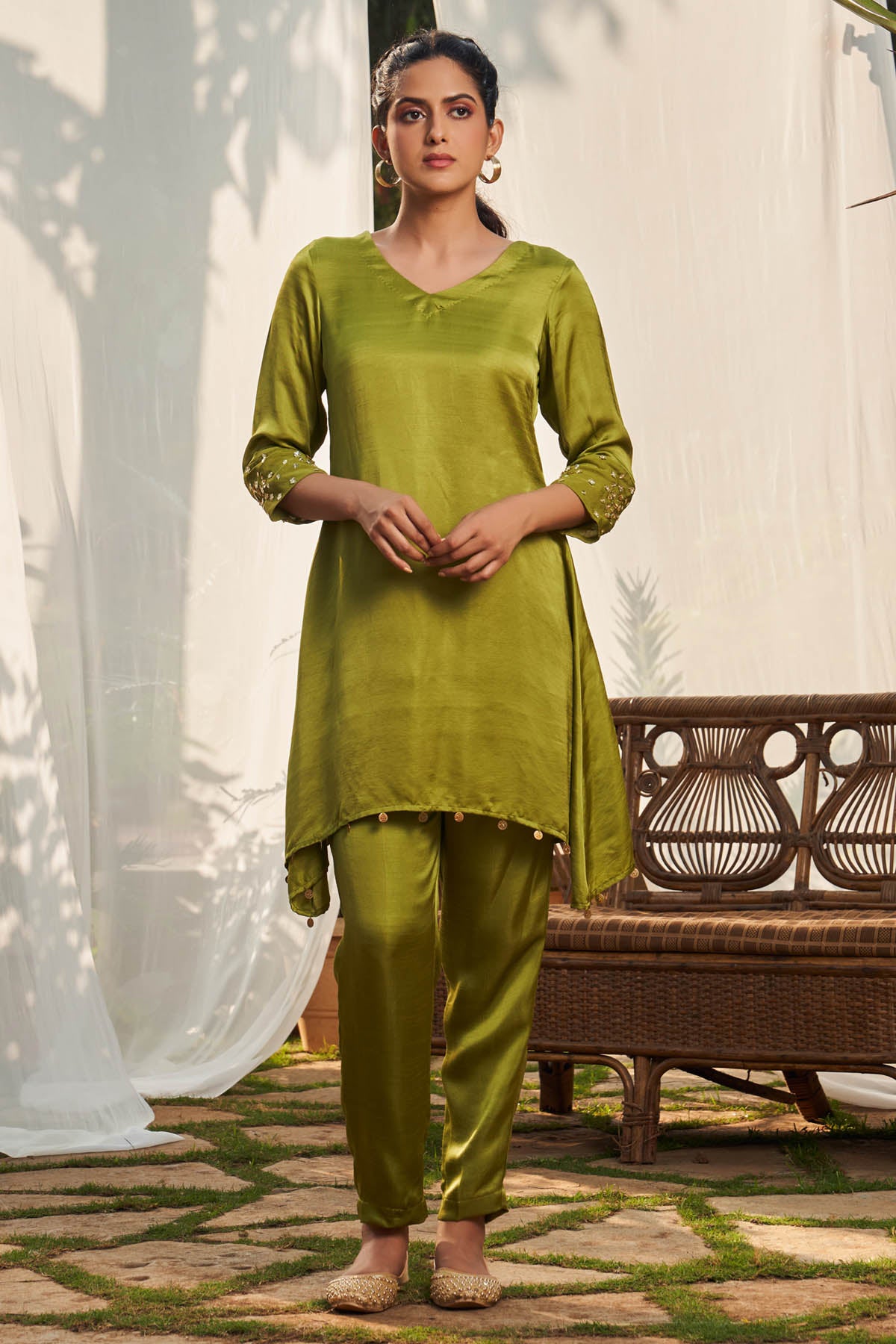 Olive Coin Embellished Tunic Set