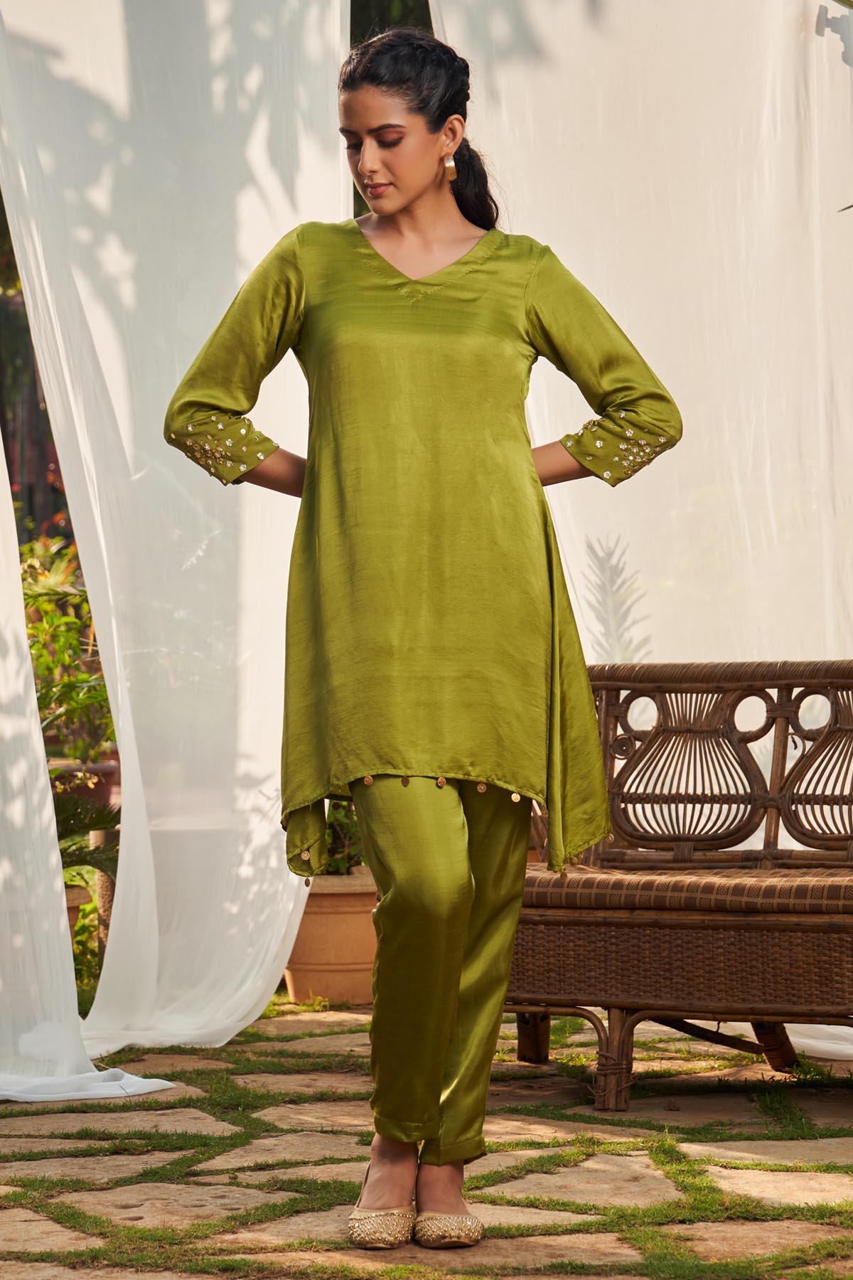 Megha Pitti Olive Coin Embellished Tunic Set for women online at ScrollnShops