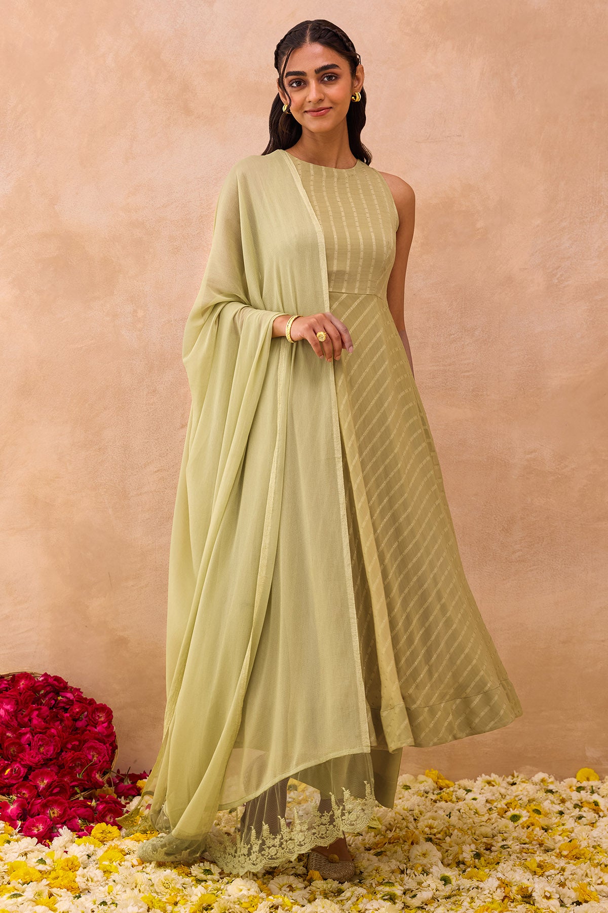 Olive Cotton Chiffon Kurta Set