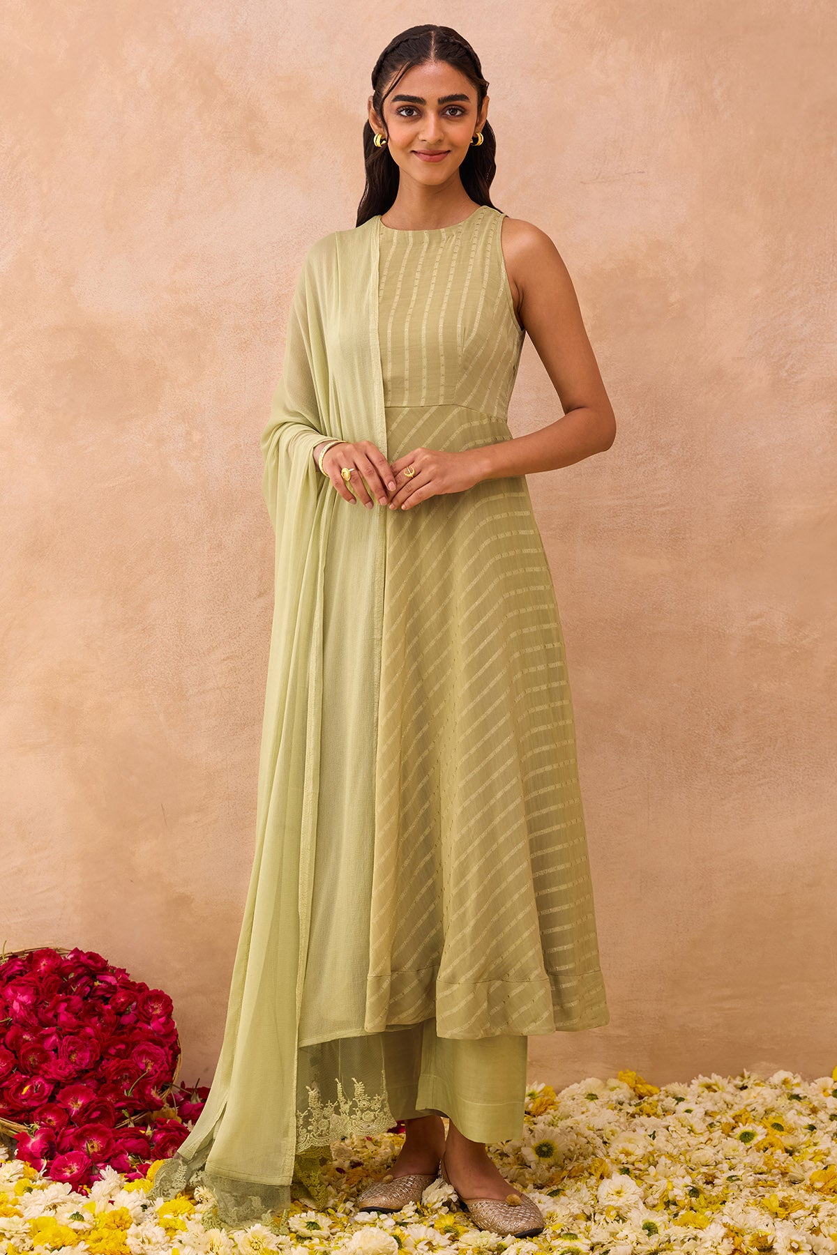 Olive Cotton Chiffon Kurta Set