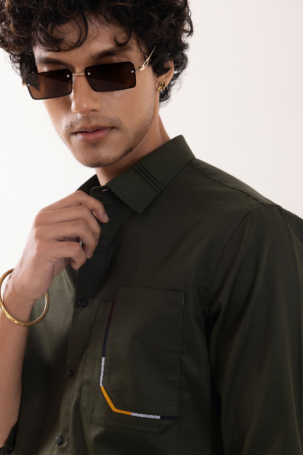 Olive Cotton Patch Work Shirt