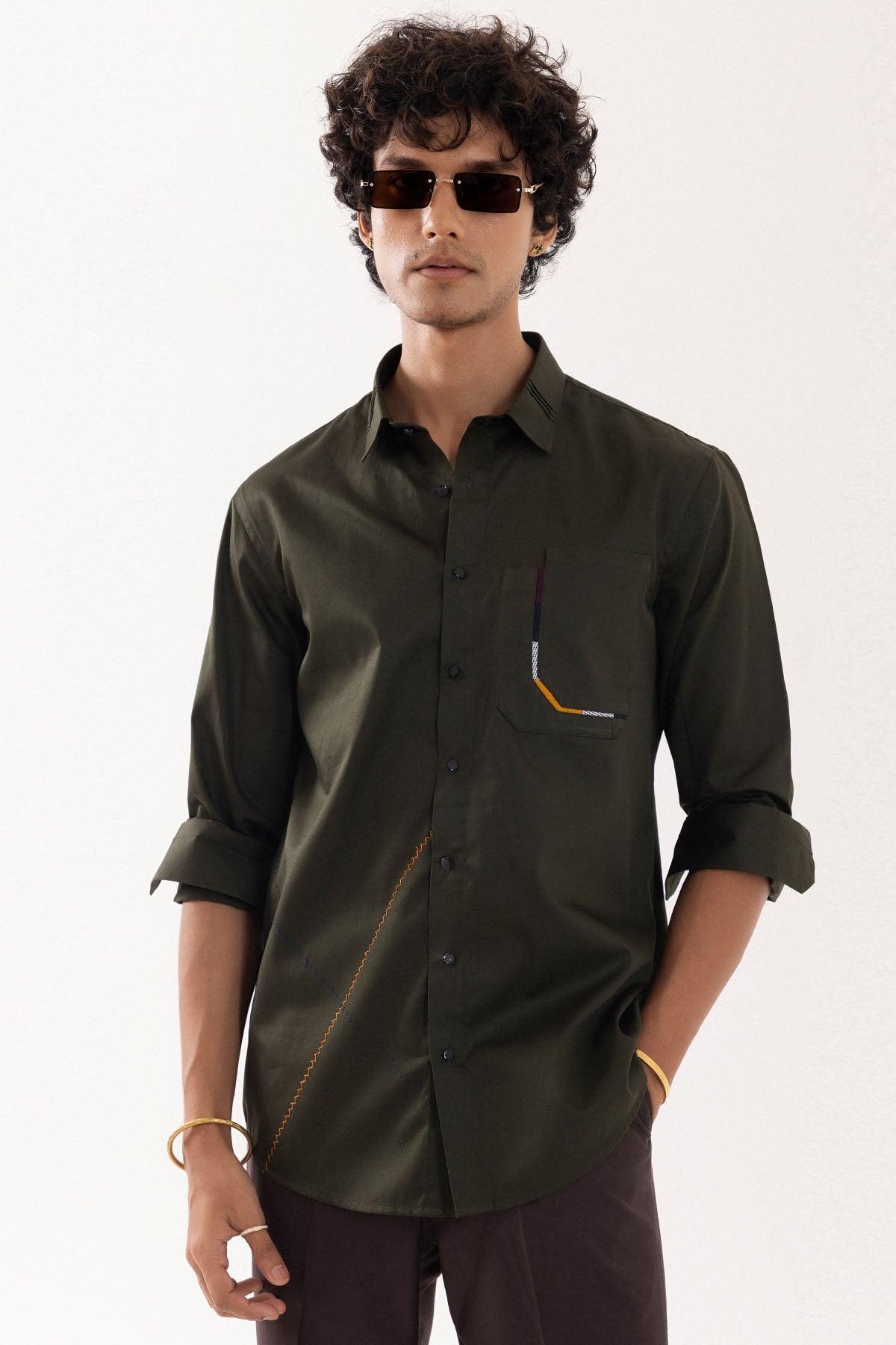 Buy Olive Cotton Patch Work Shirt for men by Paarsh Atelier online available at scrollnshops