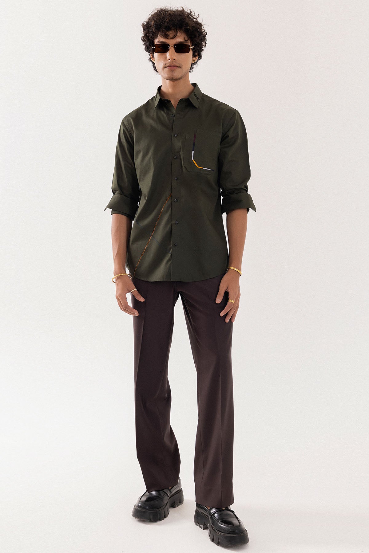 Olive Cotton Patch Work Shirt