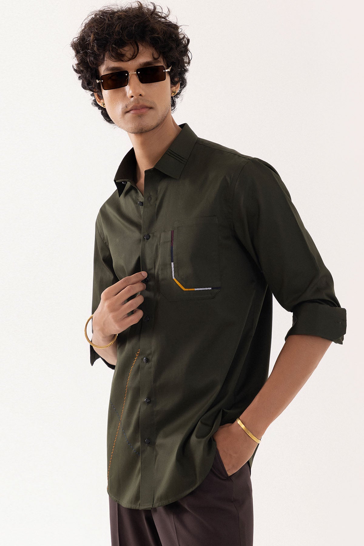 Olive Cotton Patch Work Shirt