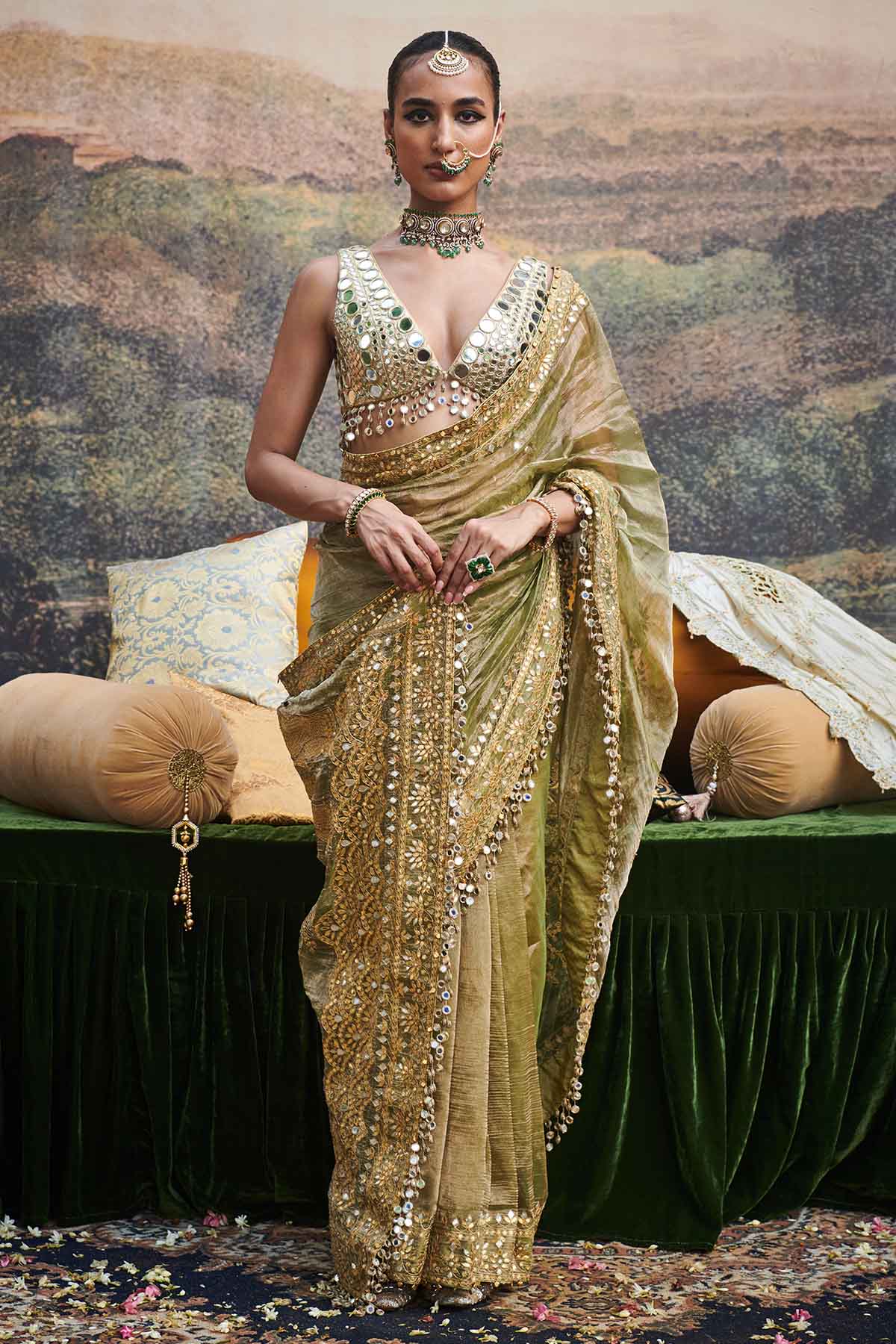 Buy ITRH, Designer Olive Dabka Work Saree & Blouse Online