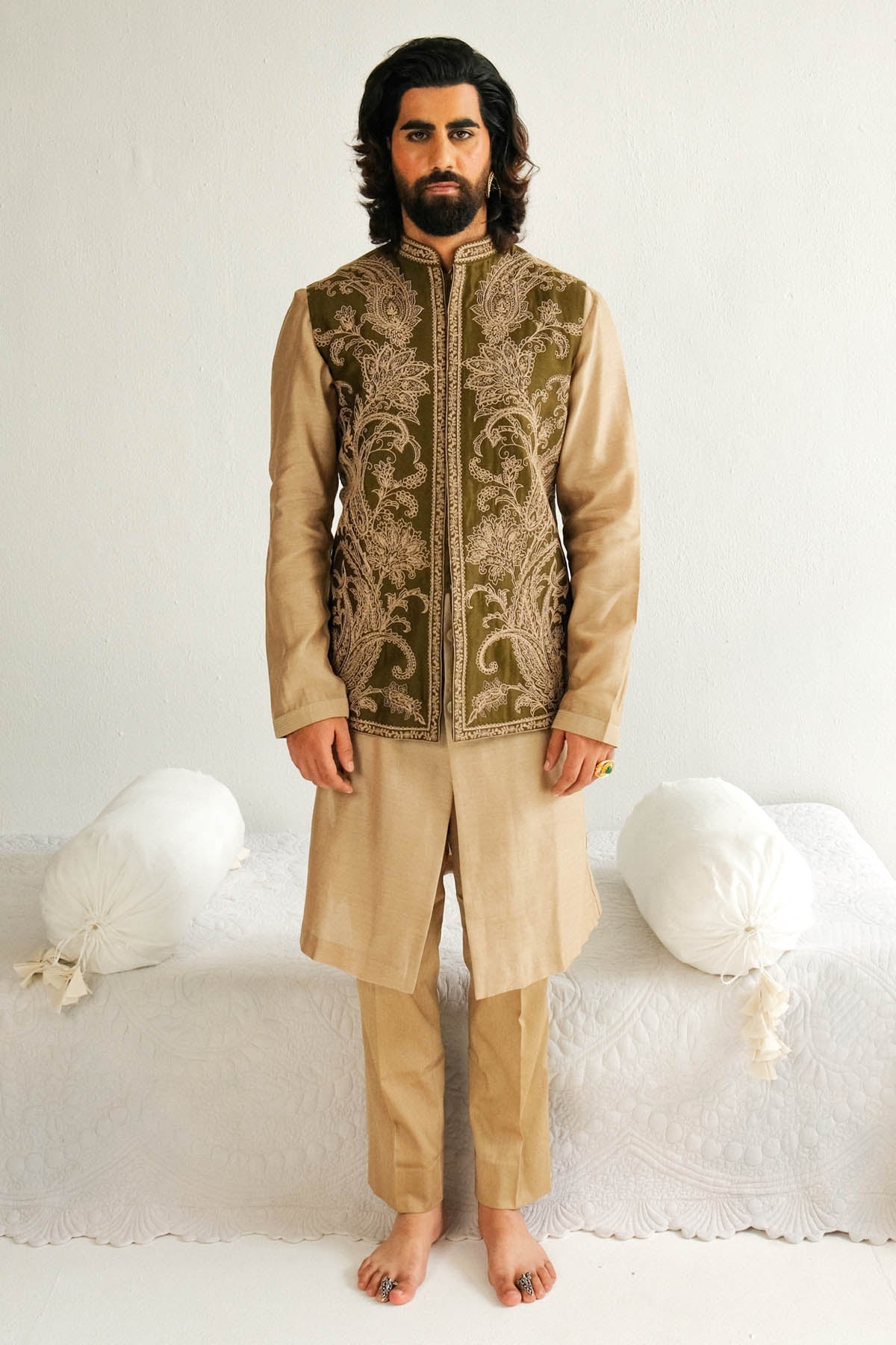 WABI SABI Olive Dori Embroidered Bundi Set for men online at ScrollnShops