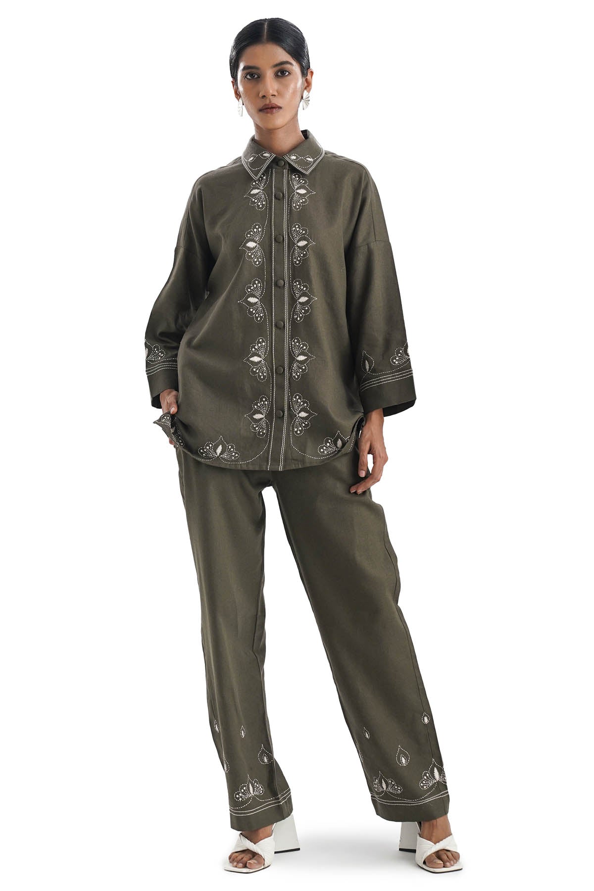 Buy Notre Ame Olive Embroidered Co-ord Set For Women Online at ScrollnShops