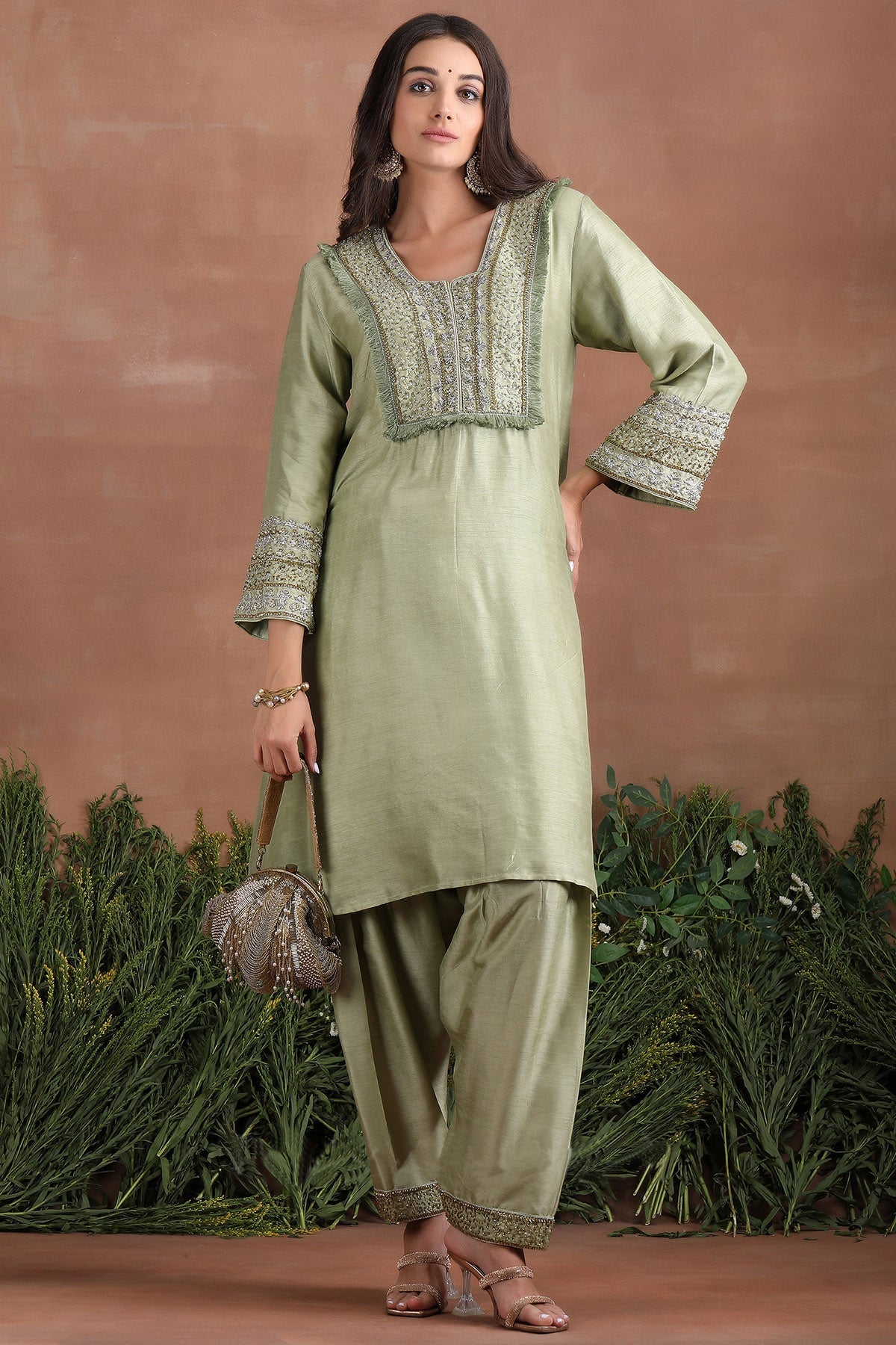 Buy Olive Embroidered Kurta Set by Poppy Flower for women online at ScrollnShops