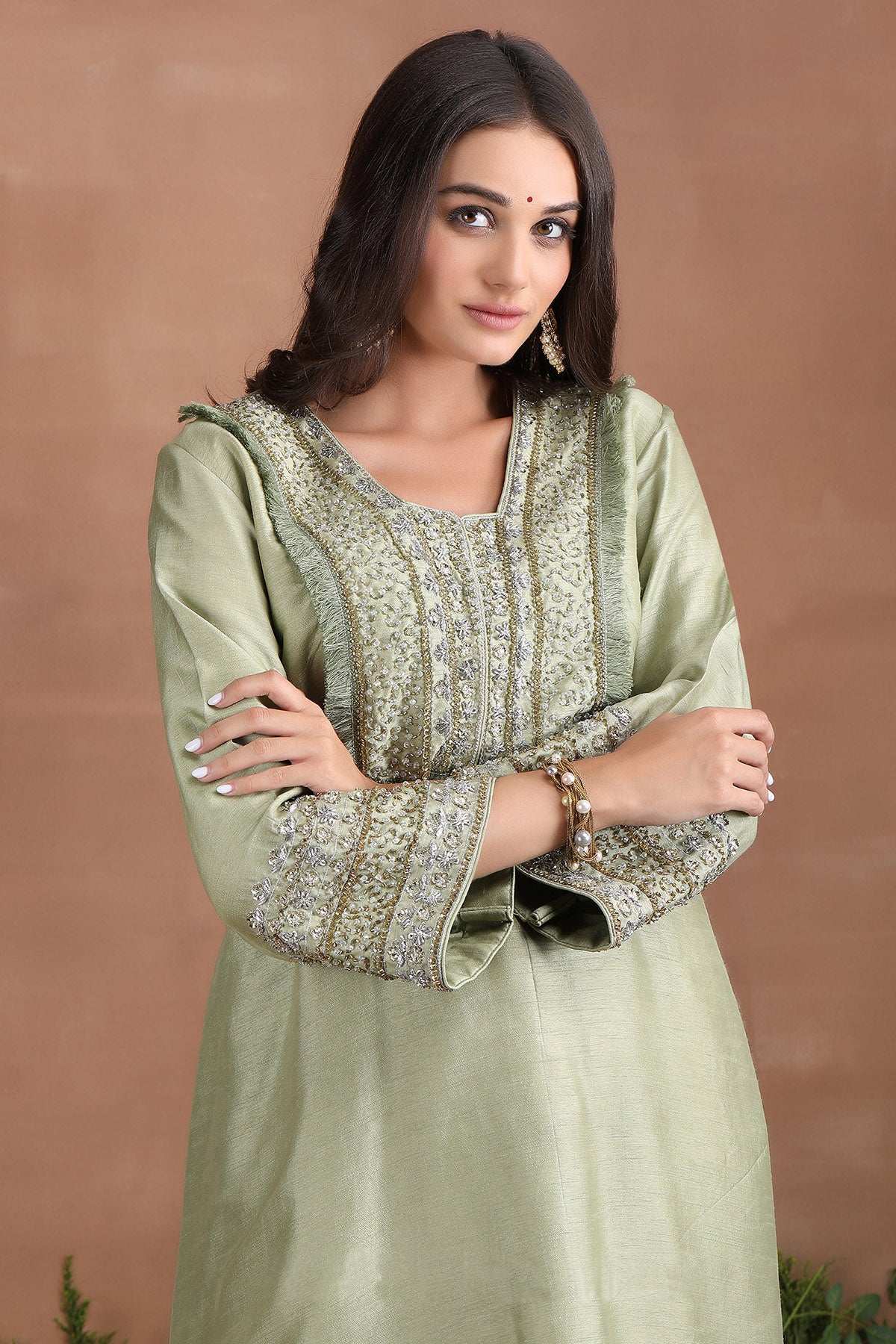 Olive Embroidered Kurta Set